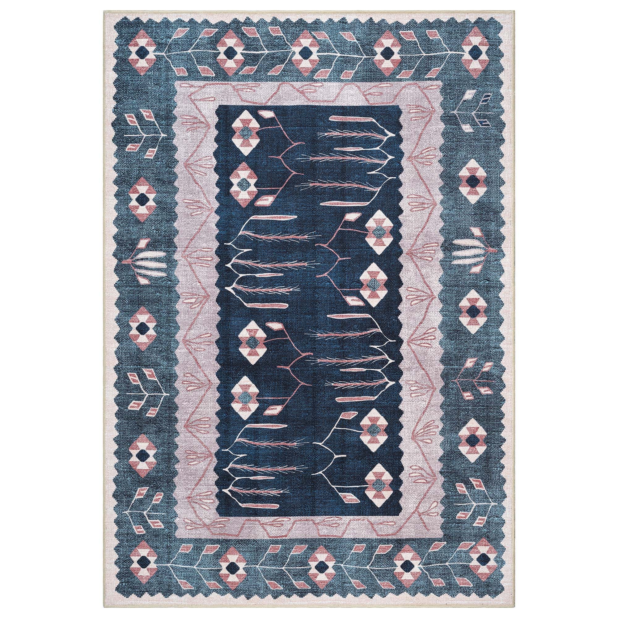 Marceline Navy Blue Floral Turkish Kilim Rug