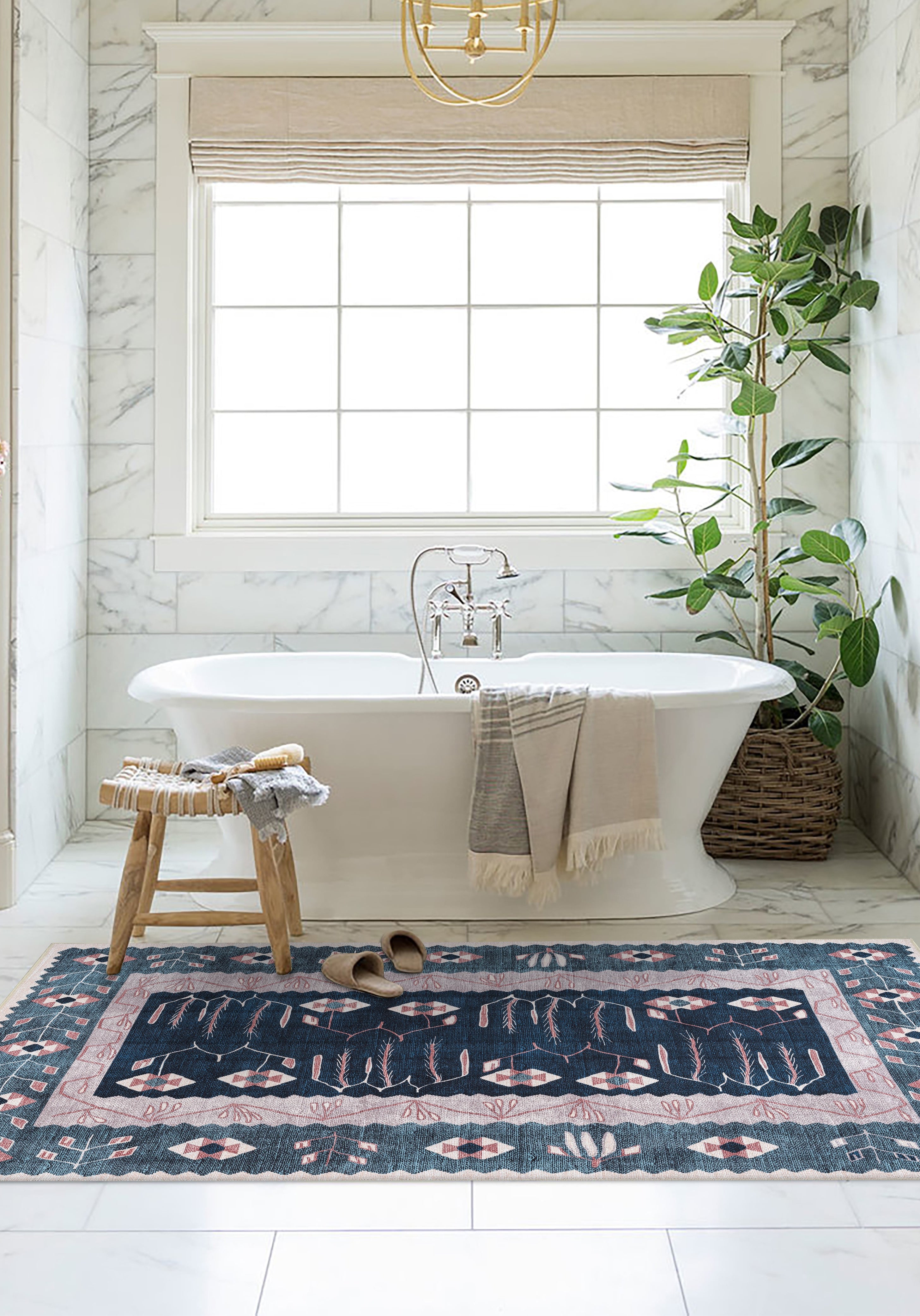 Marceline Navy Blue Floral Turkish Kilim Rug