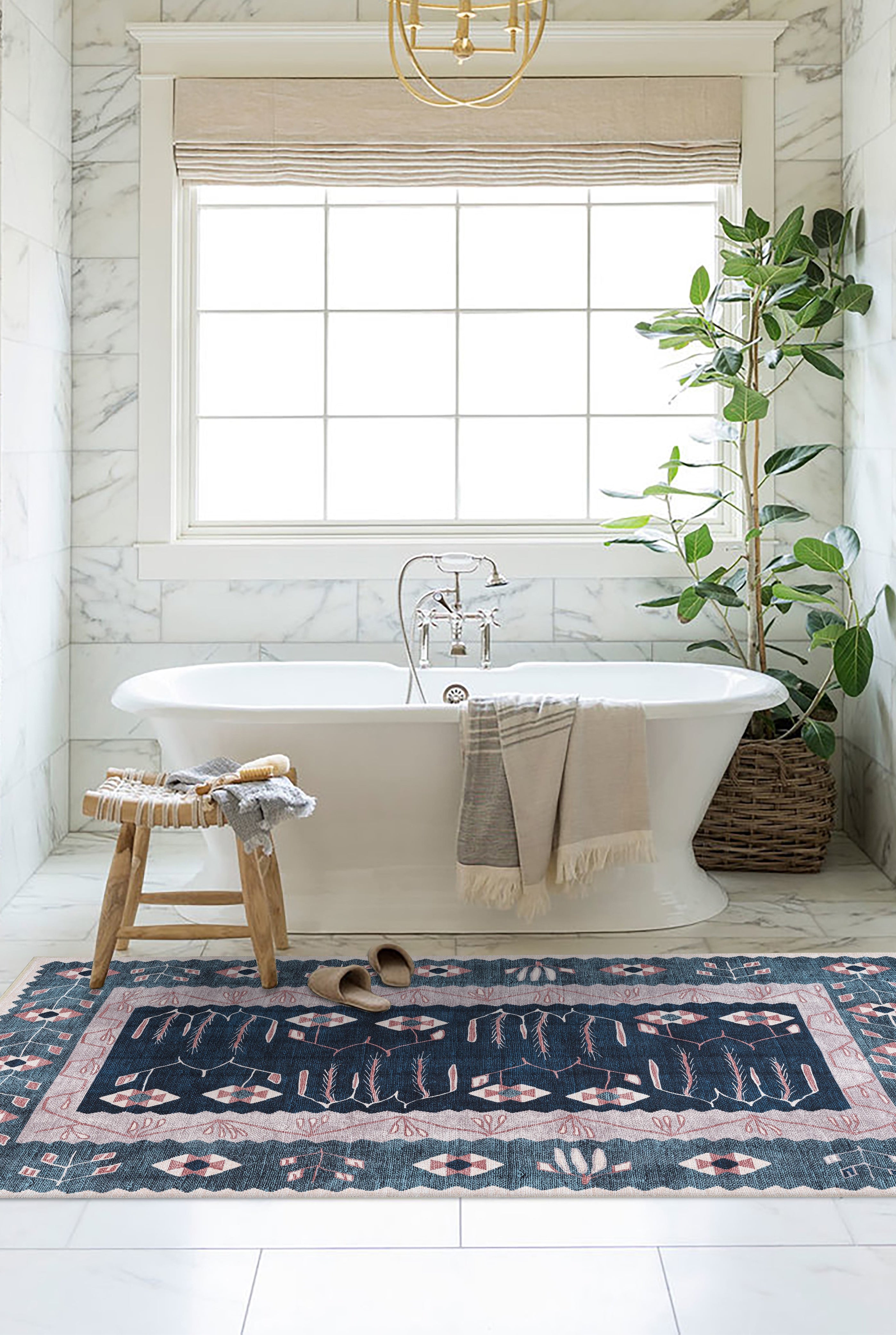 Marceline Navy Blue Floral Turkish Kilim Rug