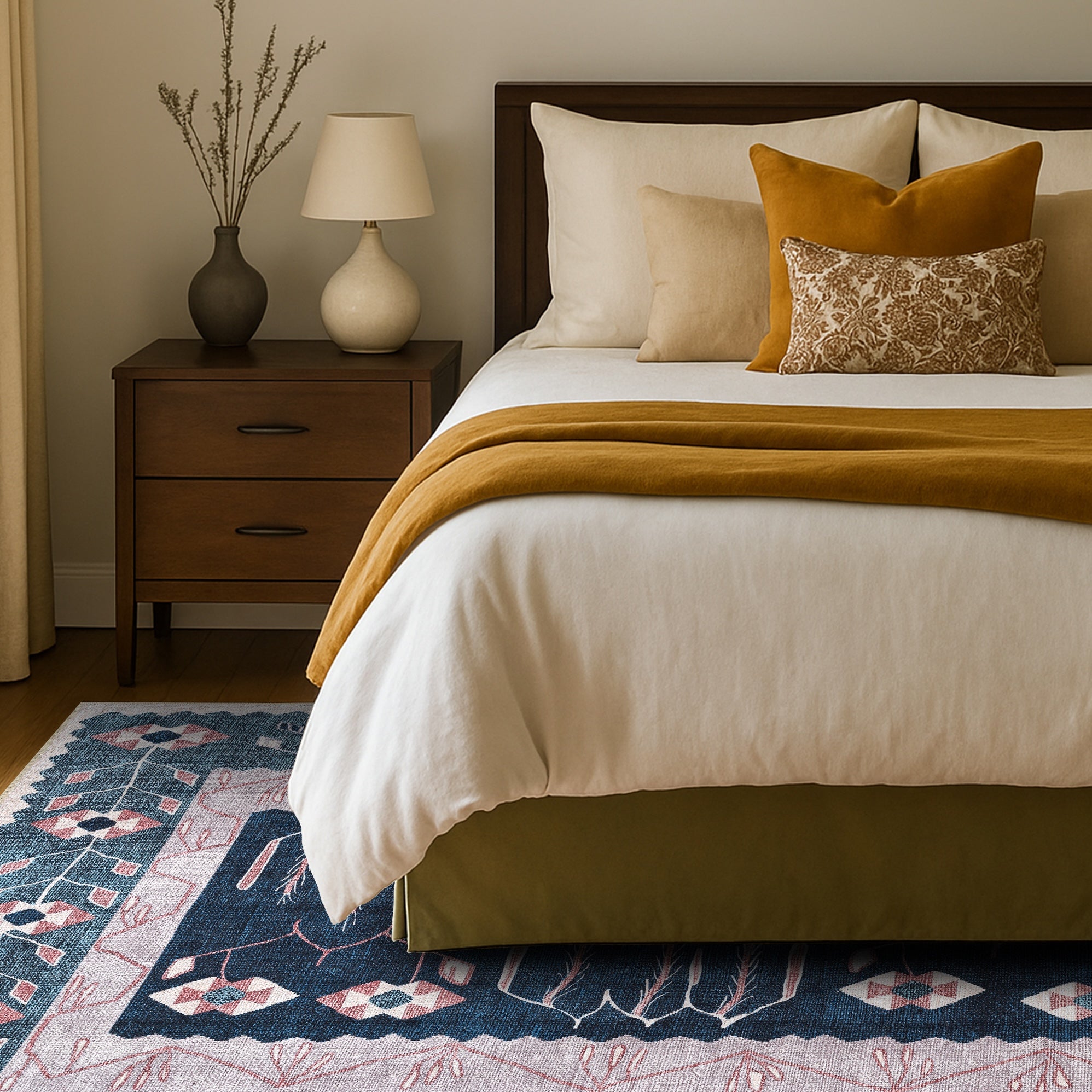 Marceline Navy Blue Floral Turkish Kilim Rug