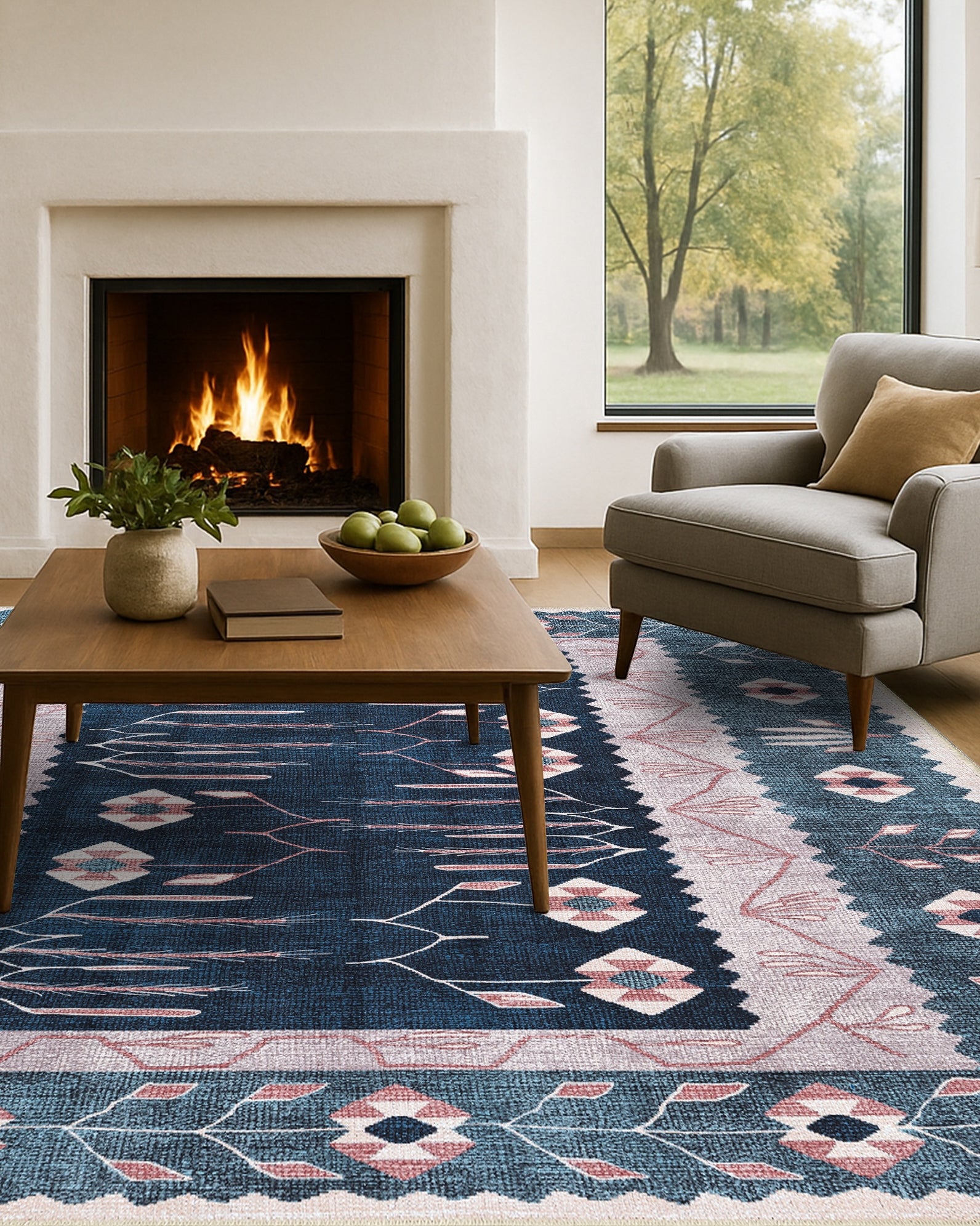 Marceline Navy Blue Floral Turkish Kilim Rug