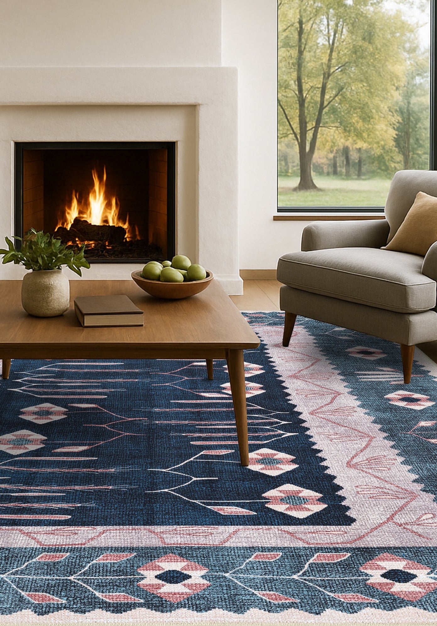 Marceline Navy Blue Floral Turkish Kilim Rug
