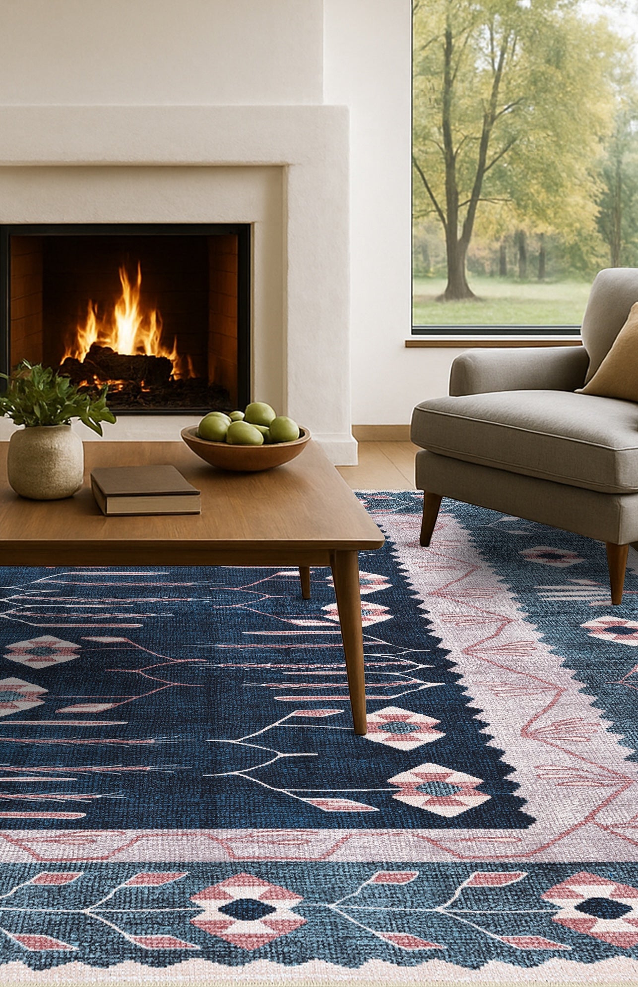 Marceline Navy Blue Floral Turkish Kilim Rug
