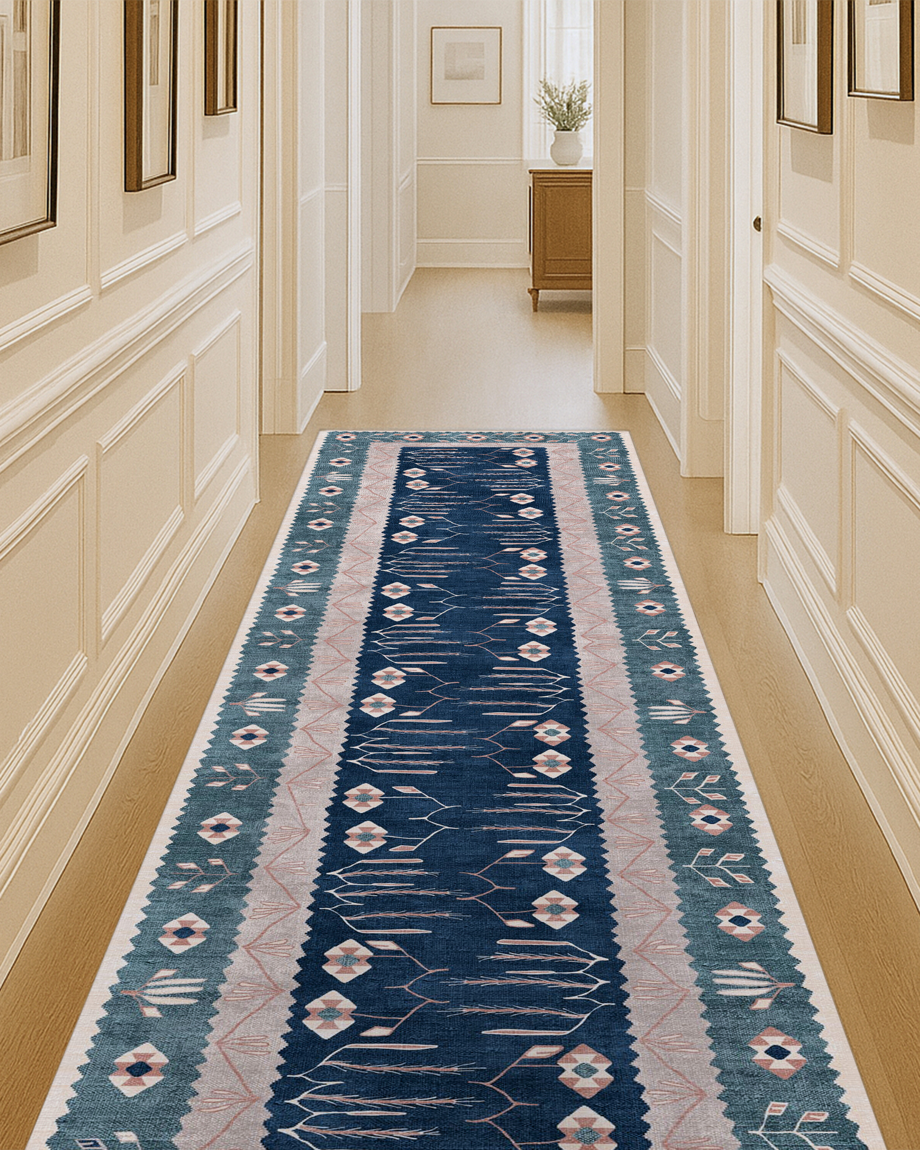 Marceline Navy Blue Floral Turkish Kilim Rug