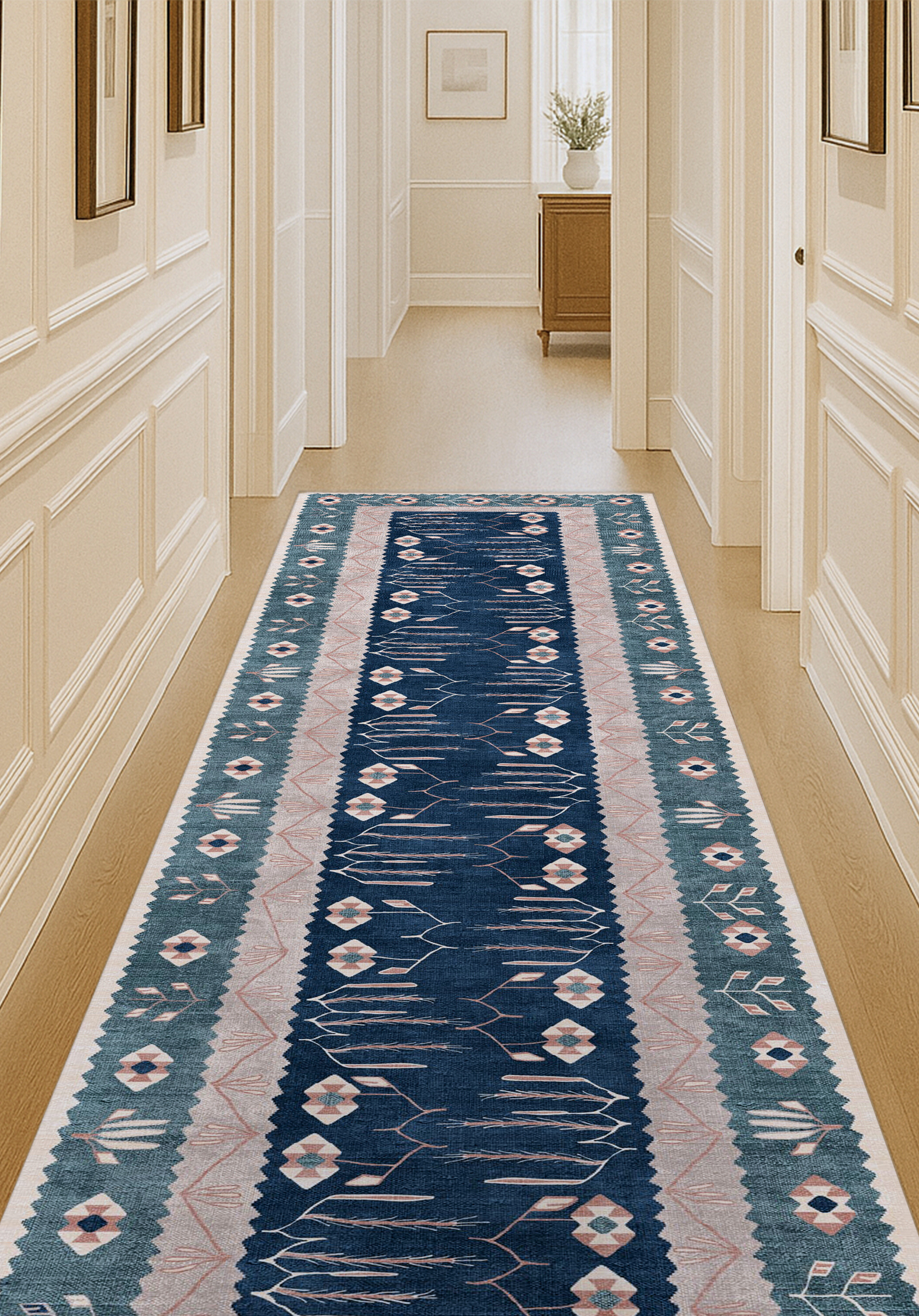 Marceline Navy Blue Floral Turkish Kilim Rug