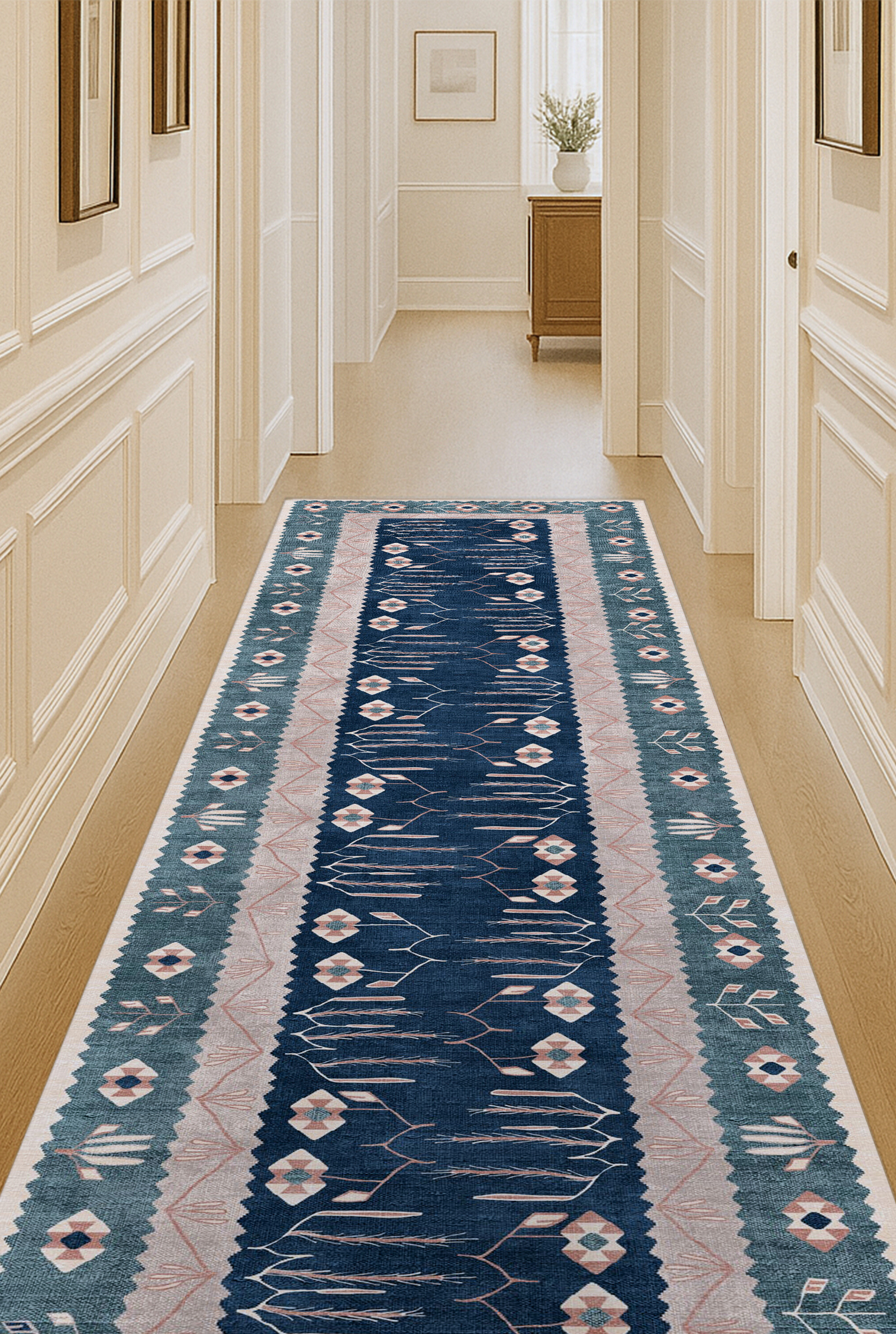 Marceline Navy Blue Floral Turkish Kilim Rug