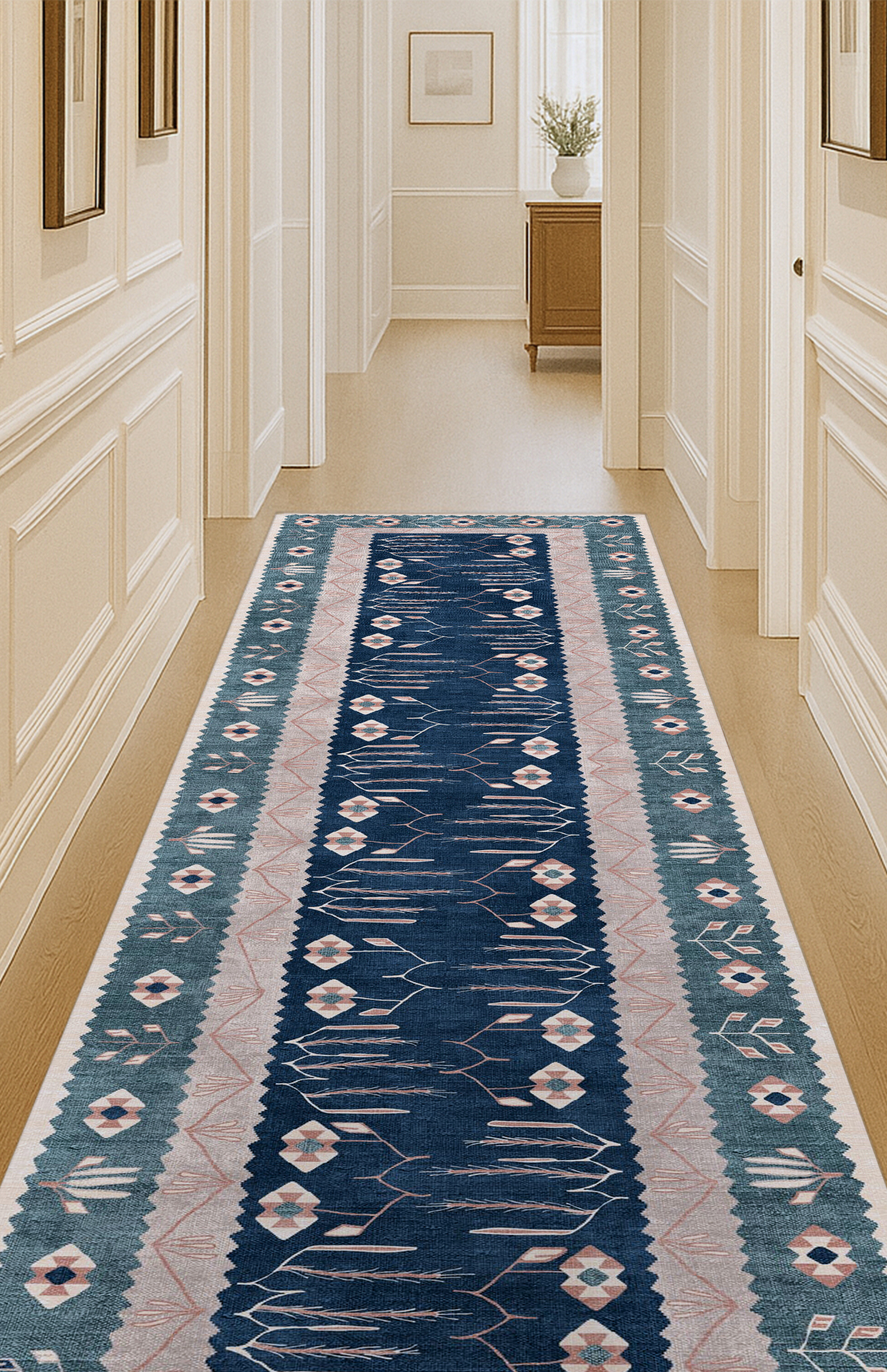 Marceline Navy Blue Floral Turkish Kilim Rug