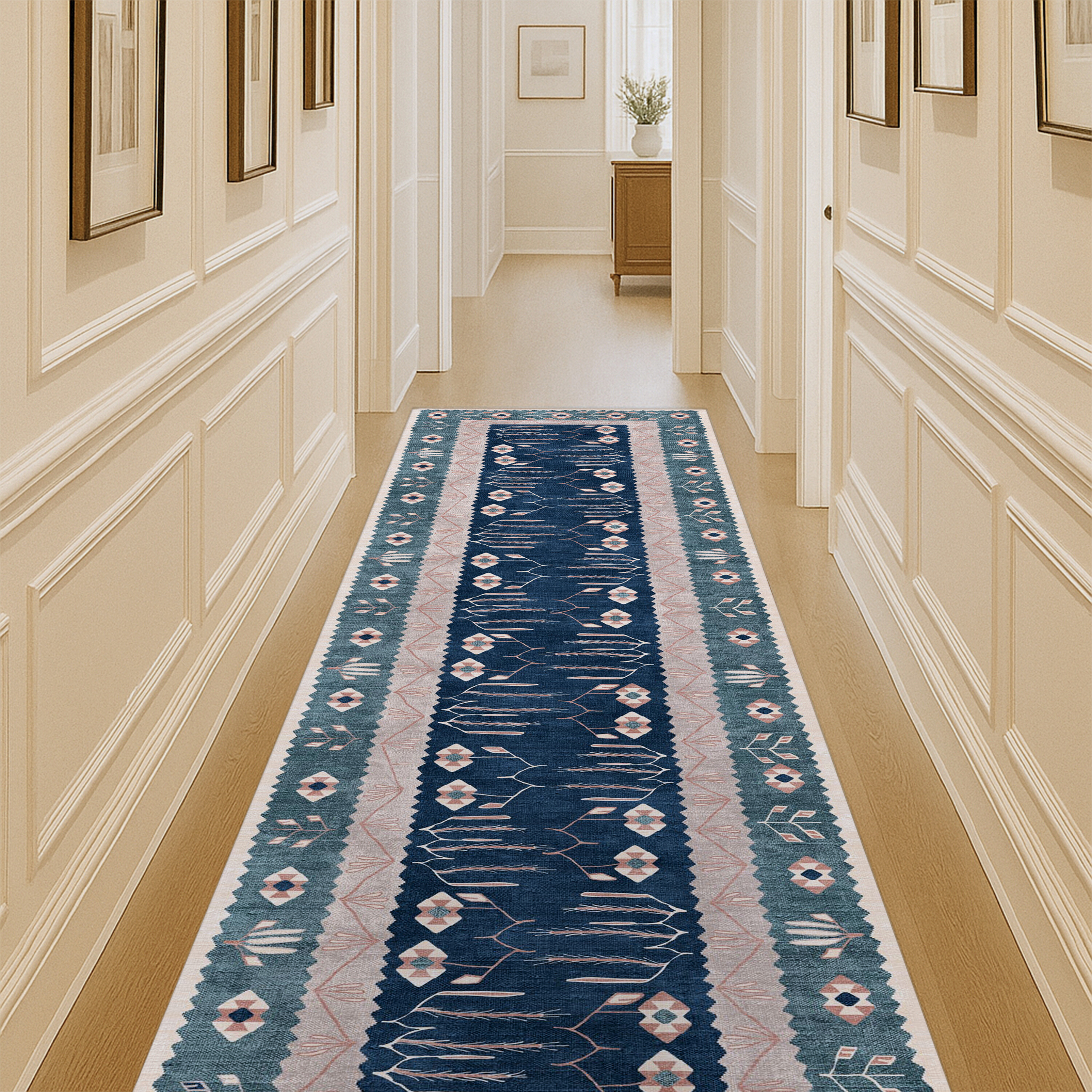 Marceline Navy Blue Floral Turkish Kilim Rug