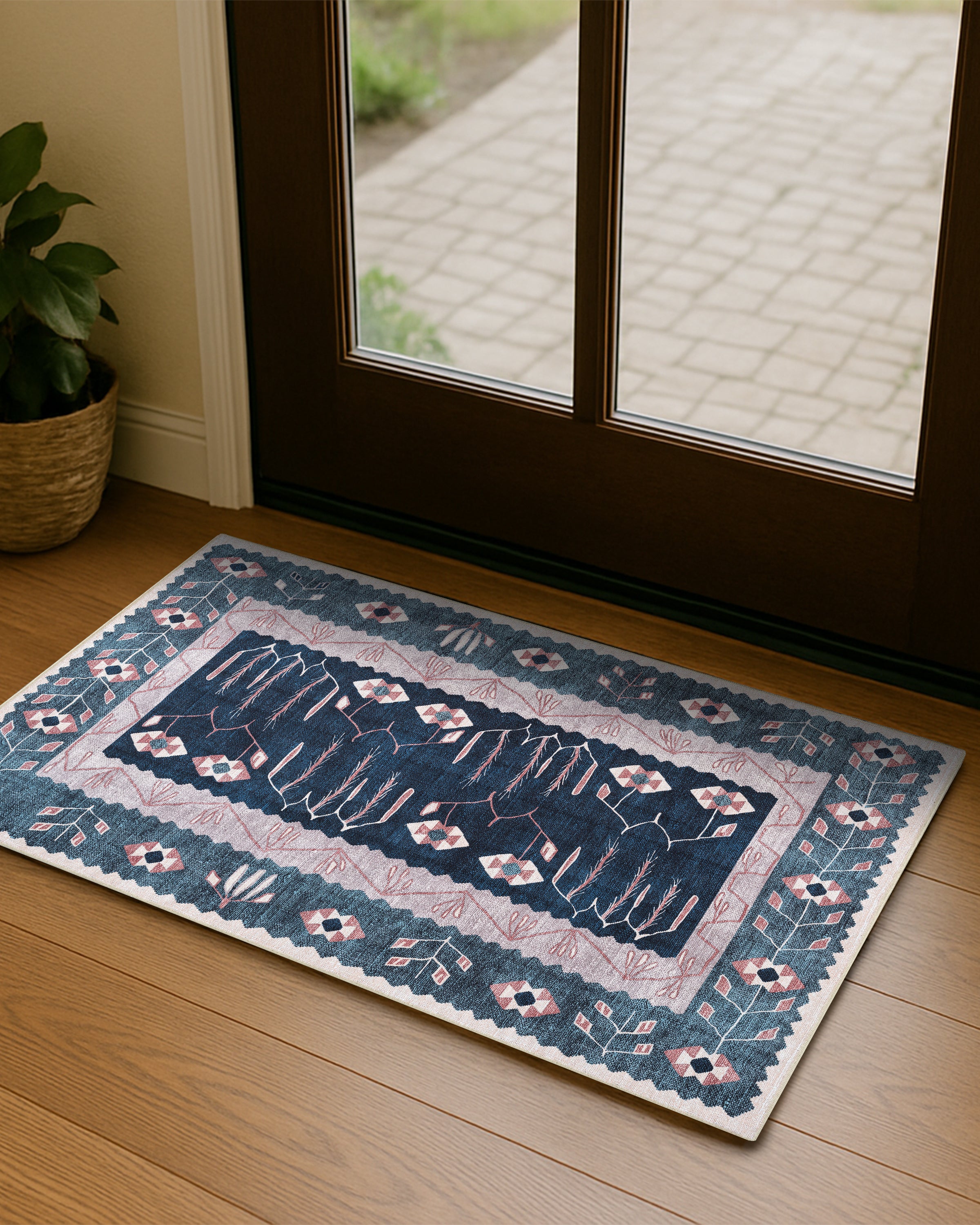 Marceline Navy Blue Floral Turkish Kilim Rug