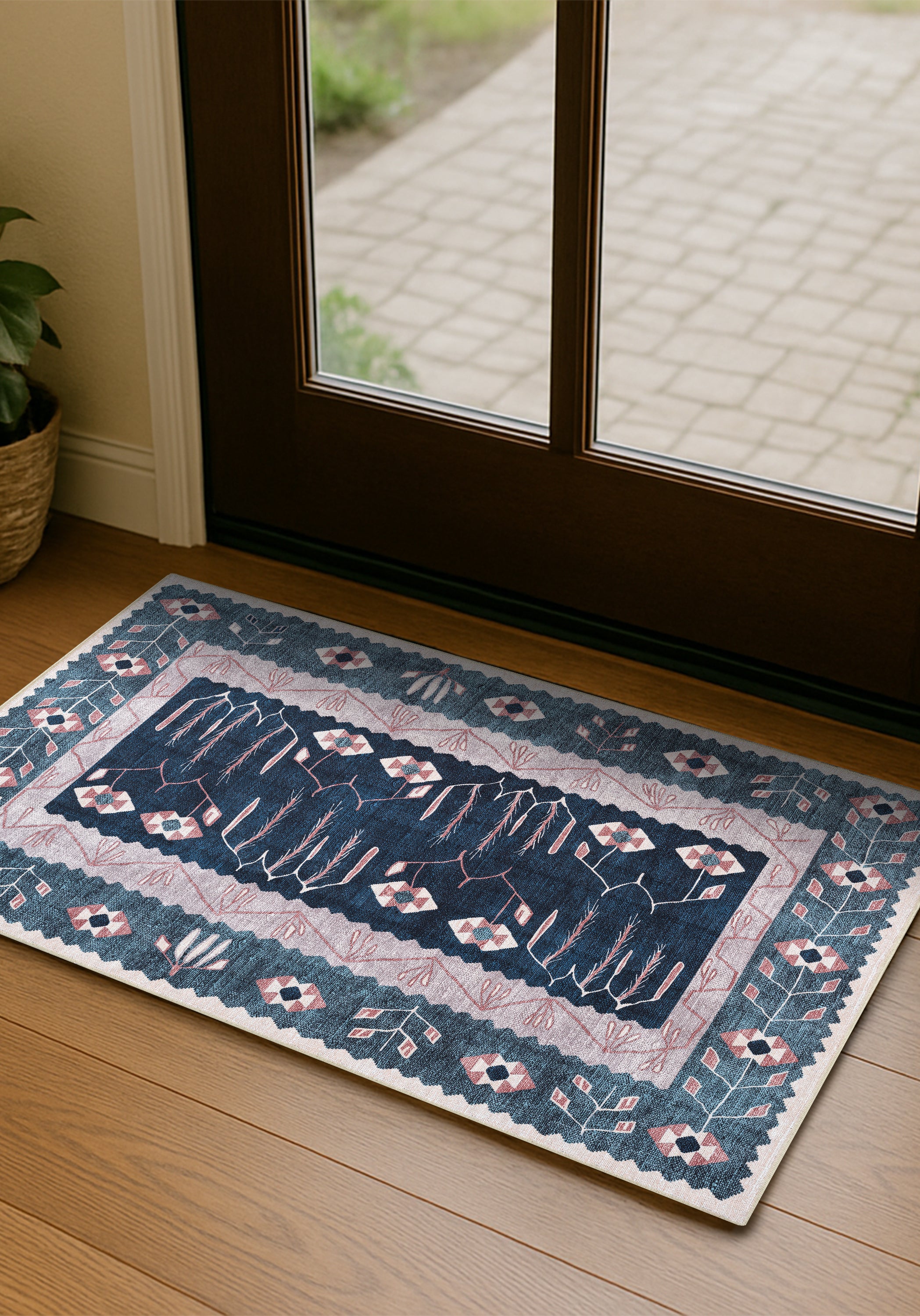 Marceline Navy Blue Floral Turkish Kilim Rug
