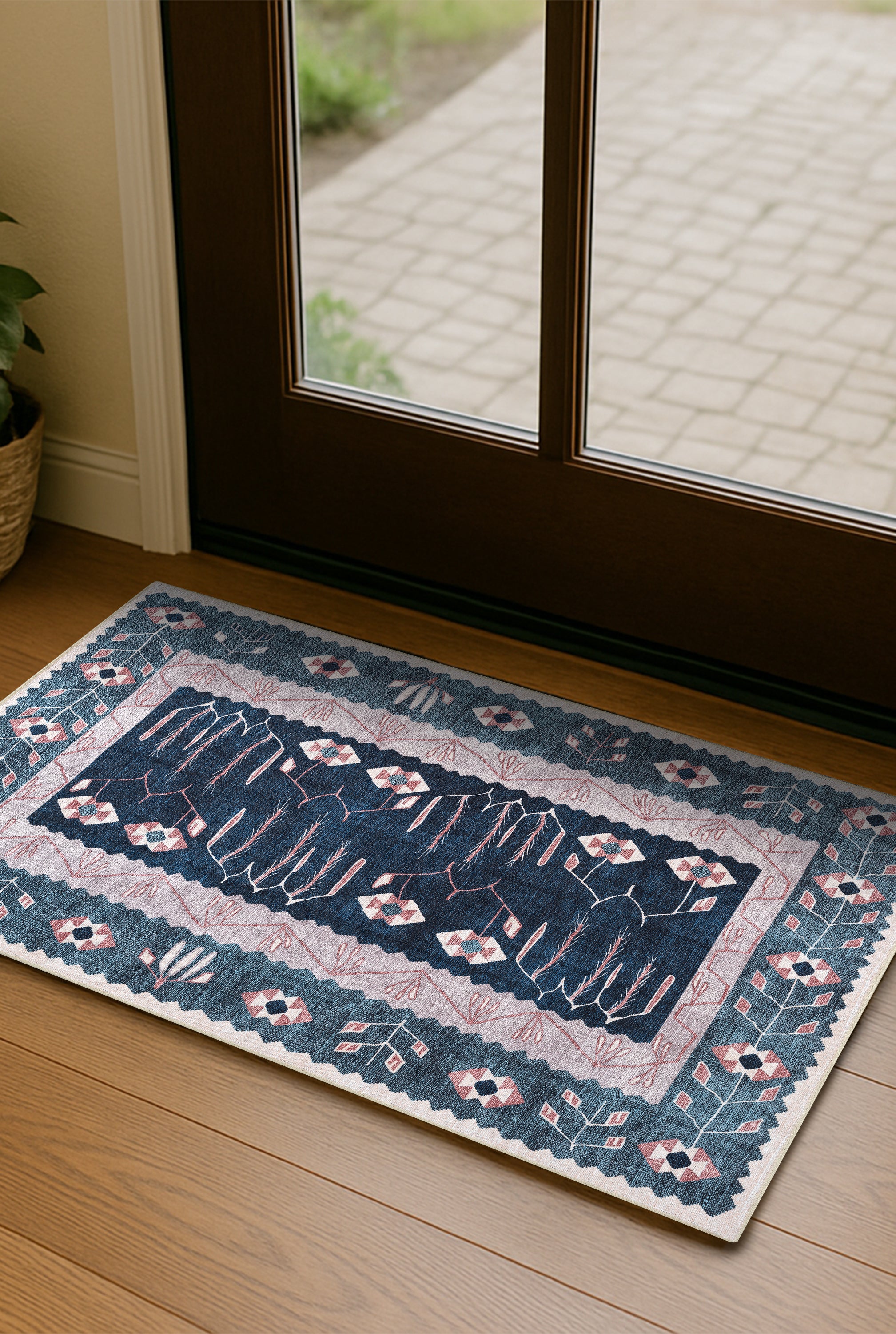 Marceline Navy Blue Floral Turkish Kilim Rug