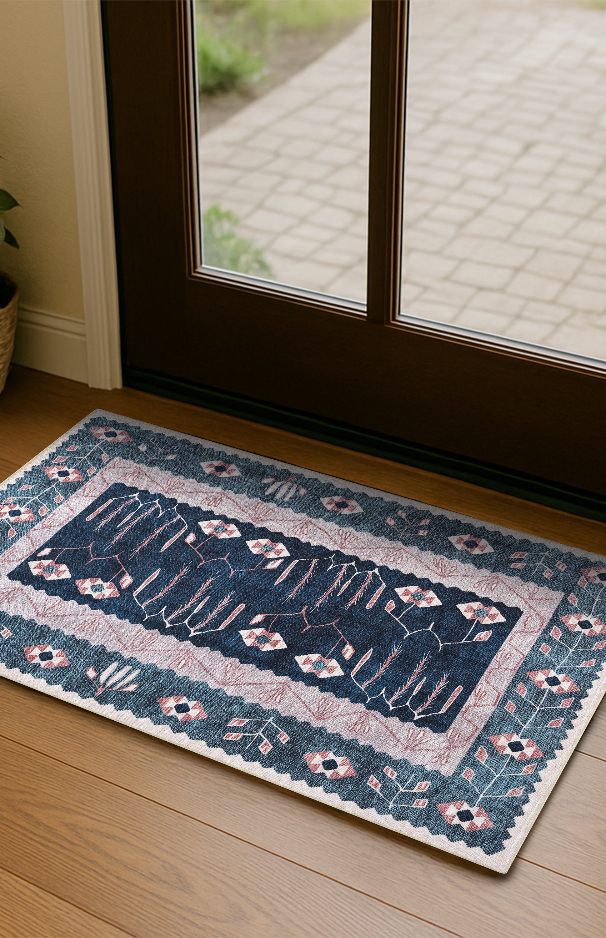 Marceline Navy Blue Floral Turkish Kilim Rug