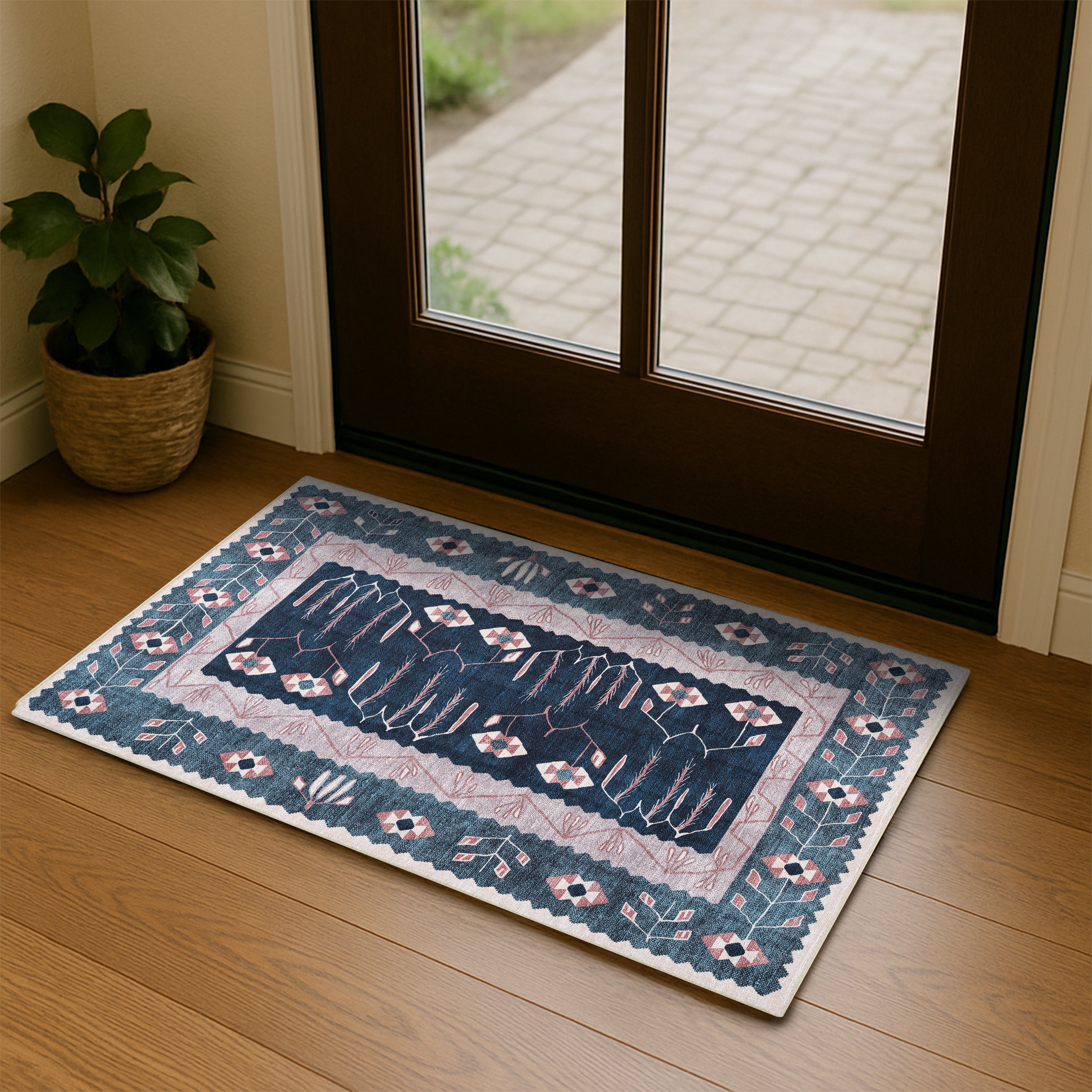 Marceline Navy Blue Floral Turkish Kilim Rug