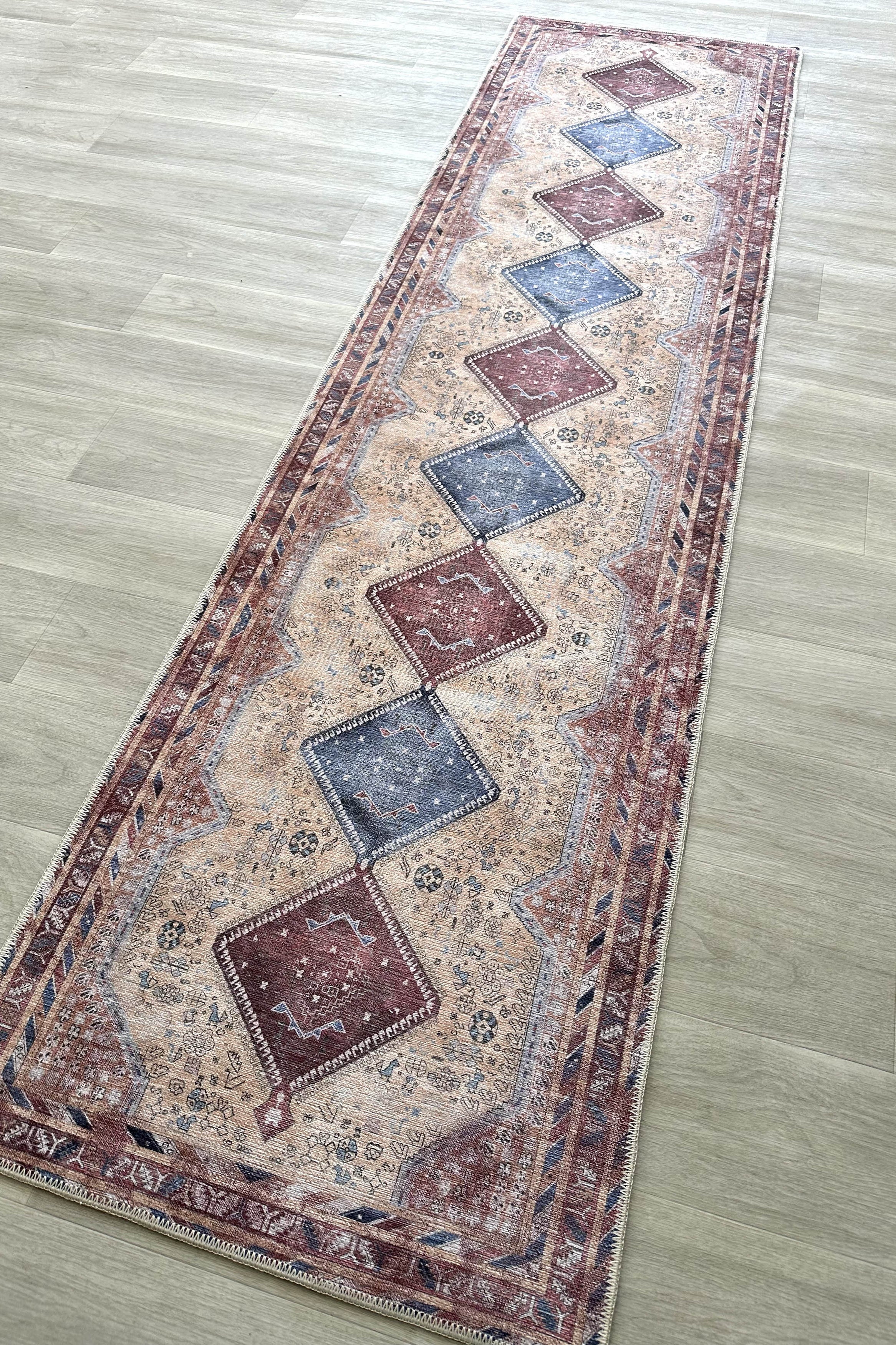 Azanna Terracotta Blue Beige Modern Turkish Rug