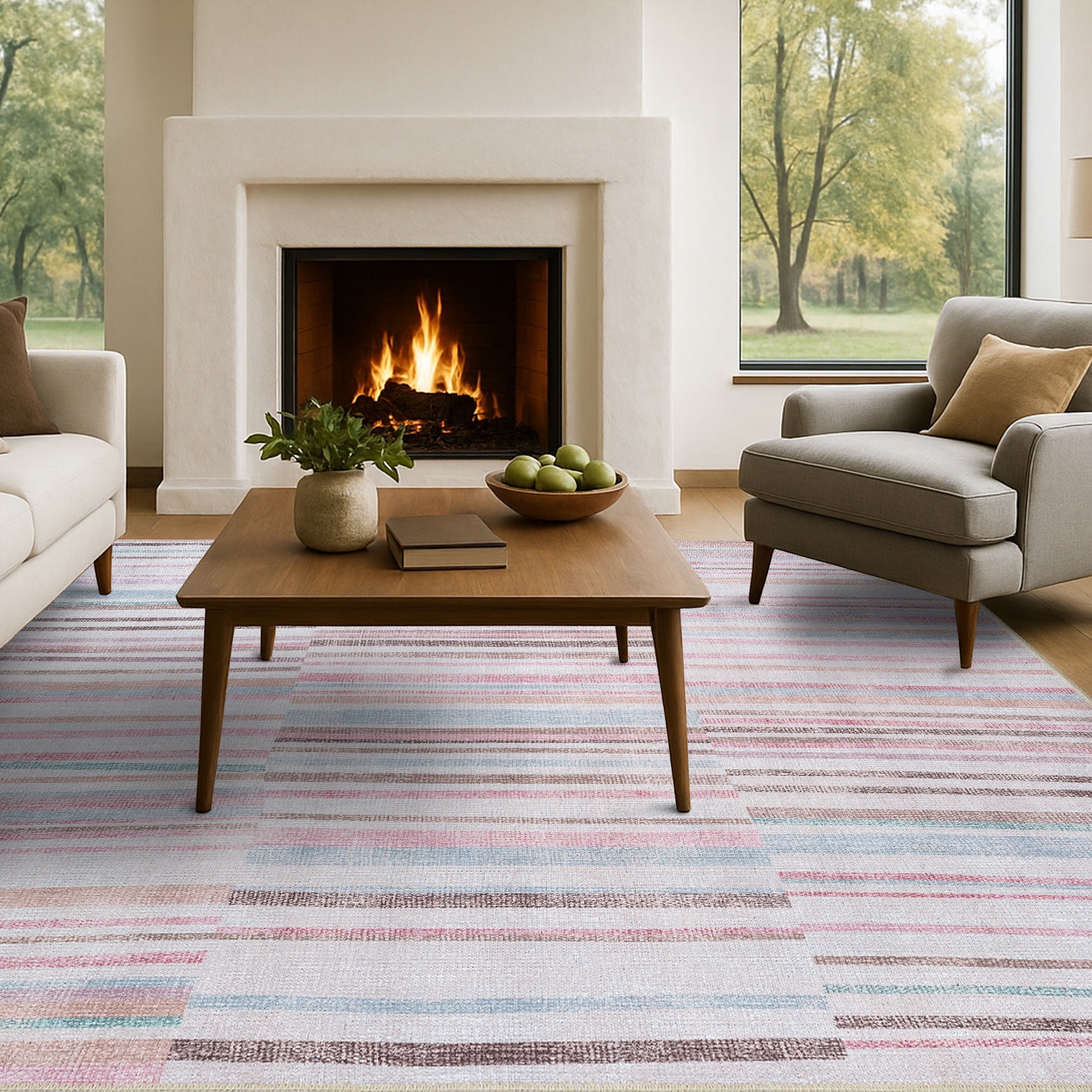 Kalia Faded Modern Turkish Striped Colorful Rug