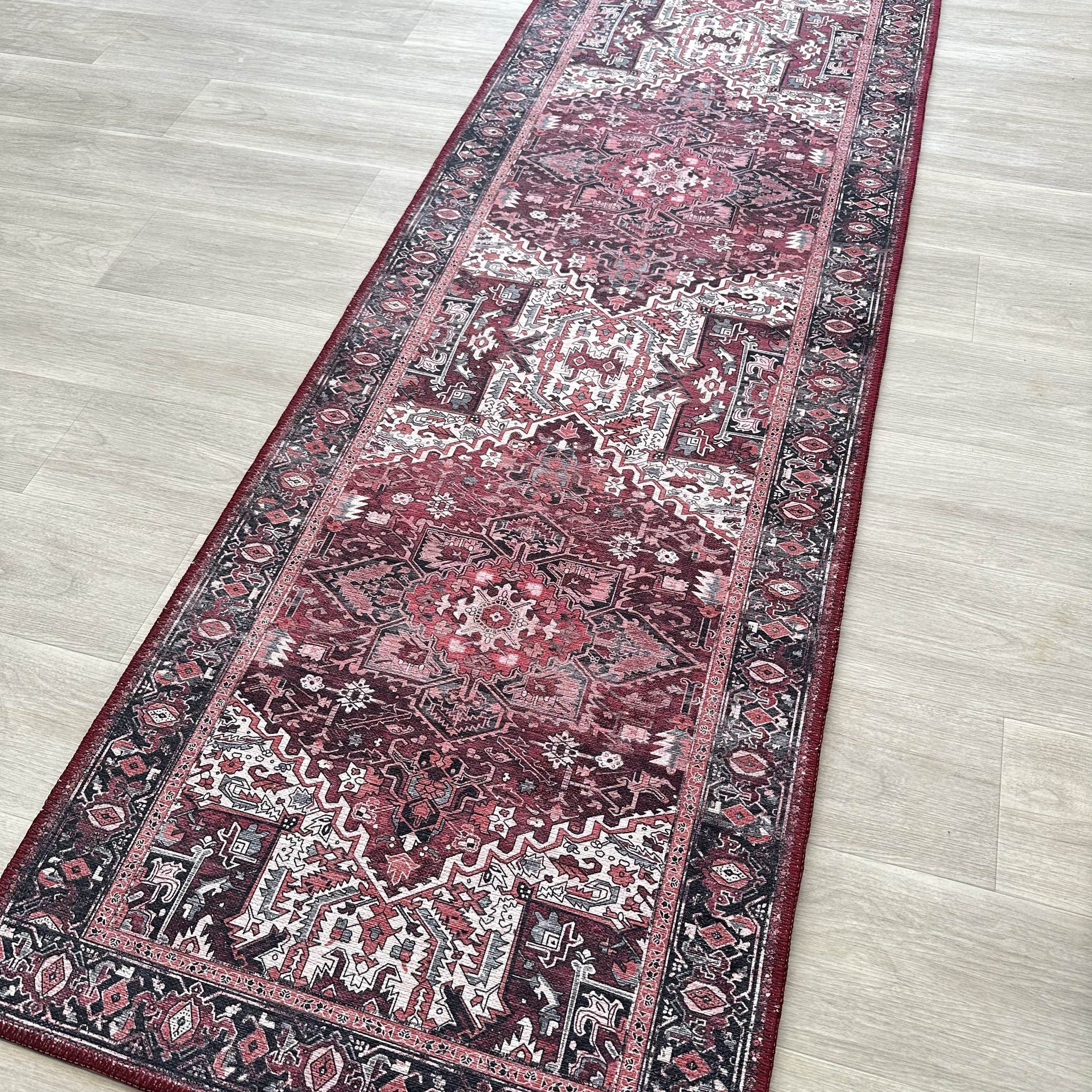 Avla Burgundy Red Floral Heriz Persian Rug