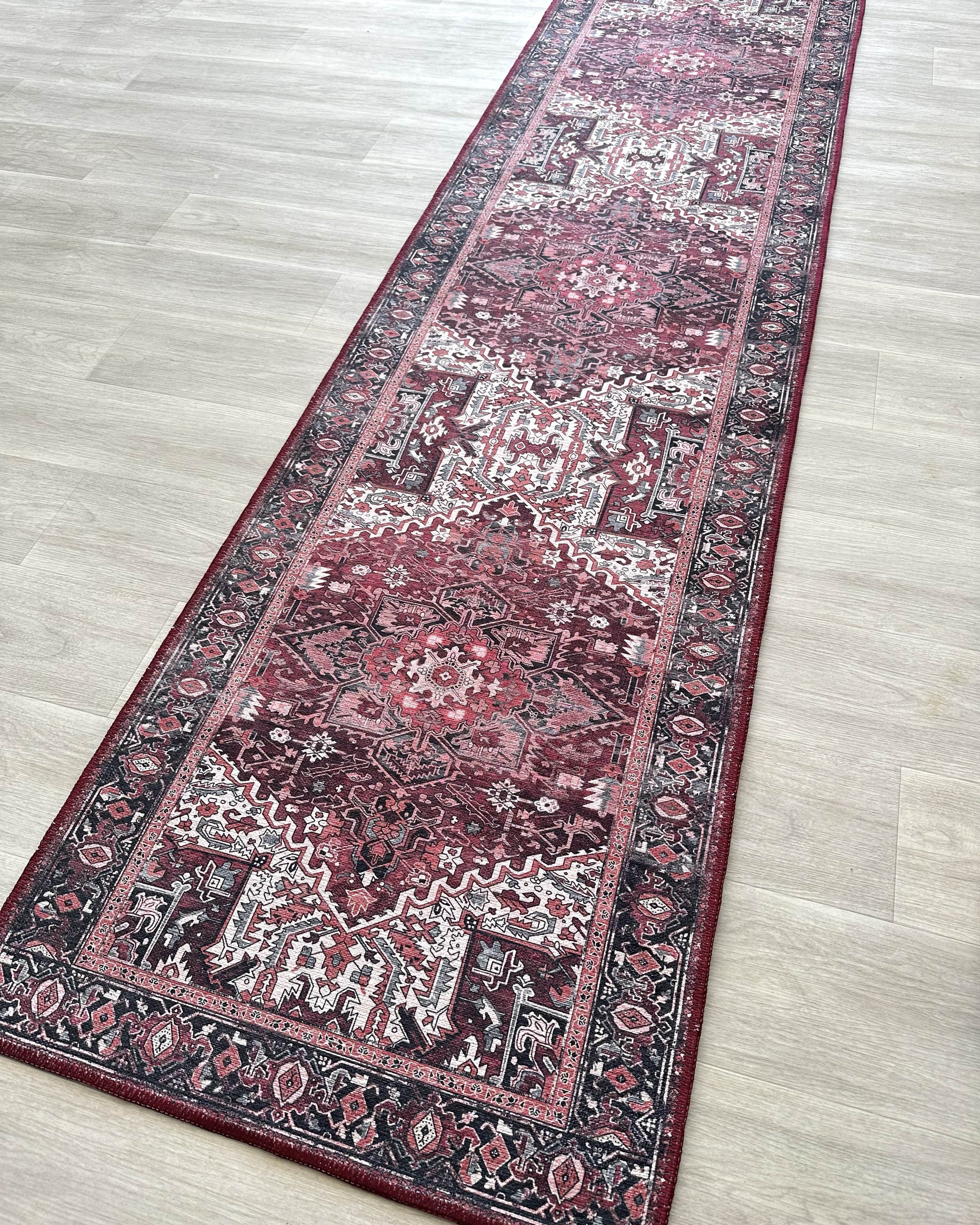 Avla Burgundy Red Floral Heriz Persian Rug