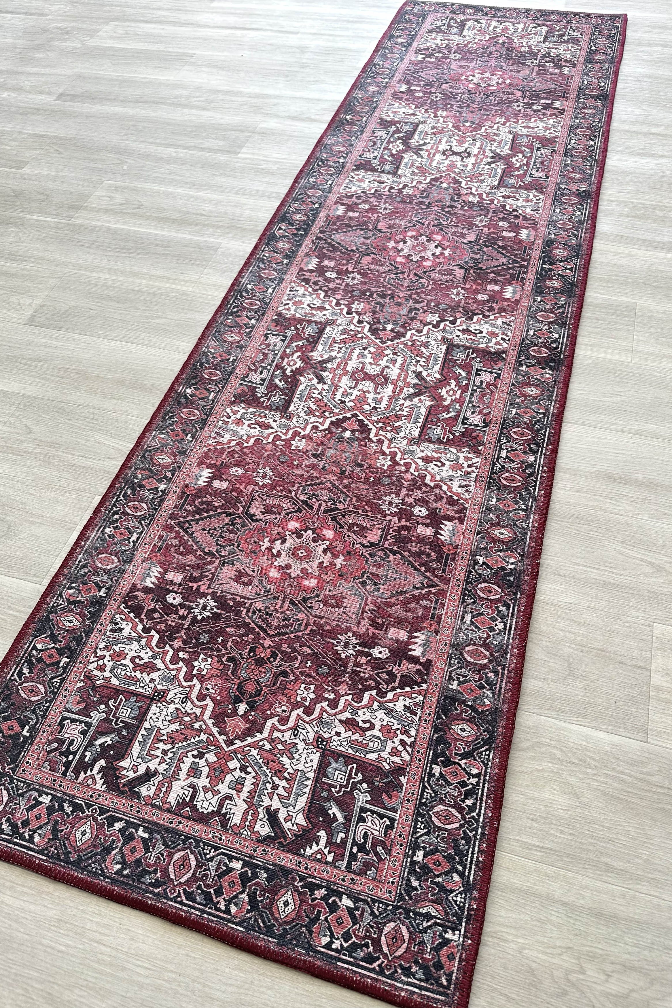 Avla Burgundy Red Floral Heriz Persian Rug