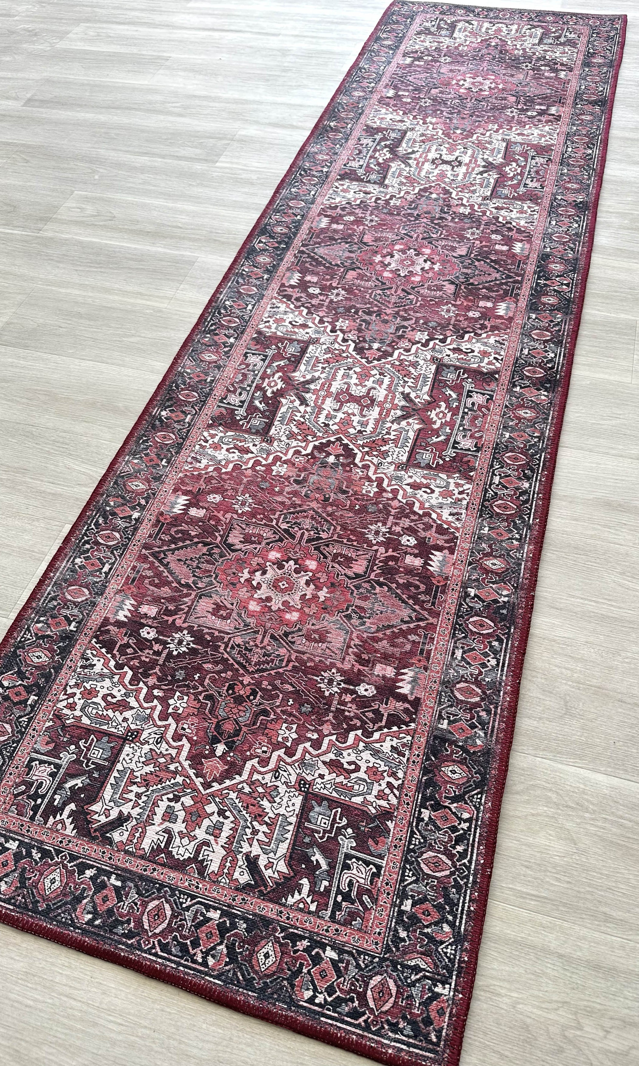 Avla Burgundy Red Floral Heriz Persian Rug
