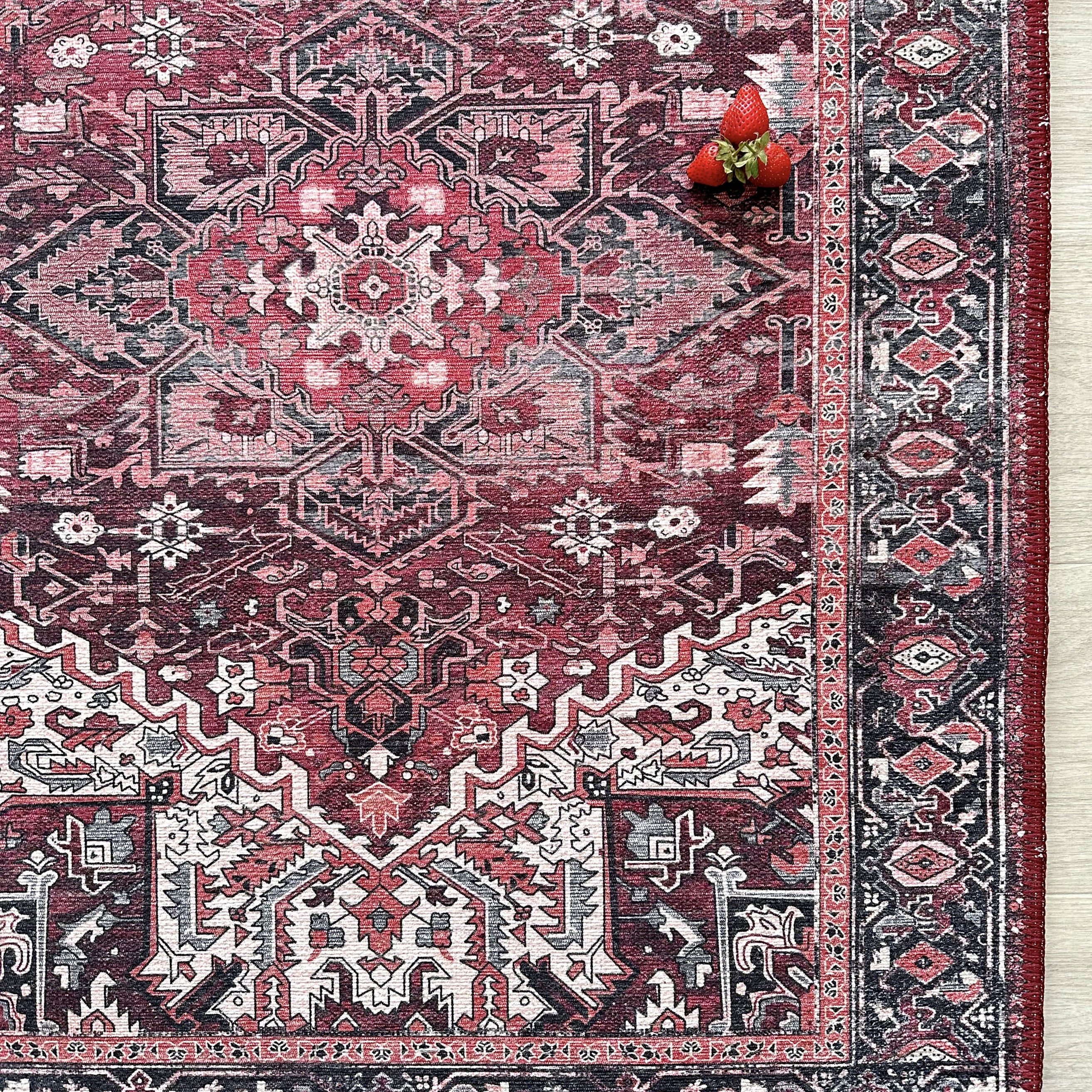 Avla Burgundy Red Floral Heriz Persian Rug