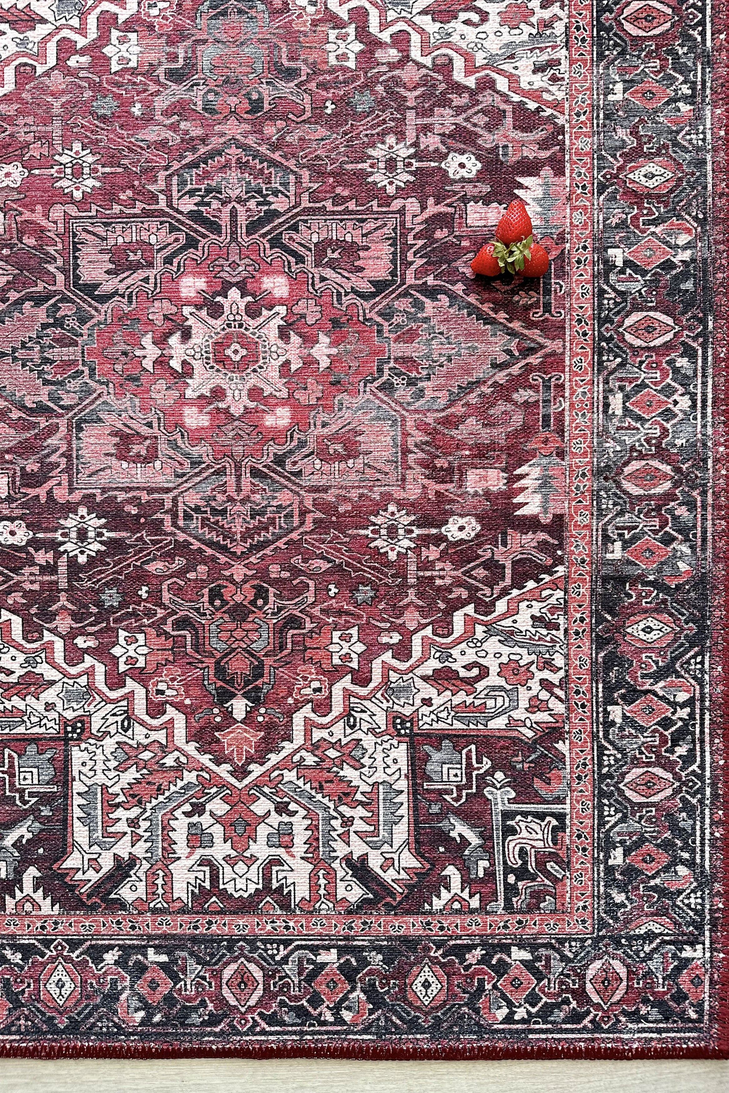 Avla Burgundy Red Floral Heriz Persian Rug