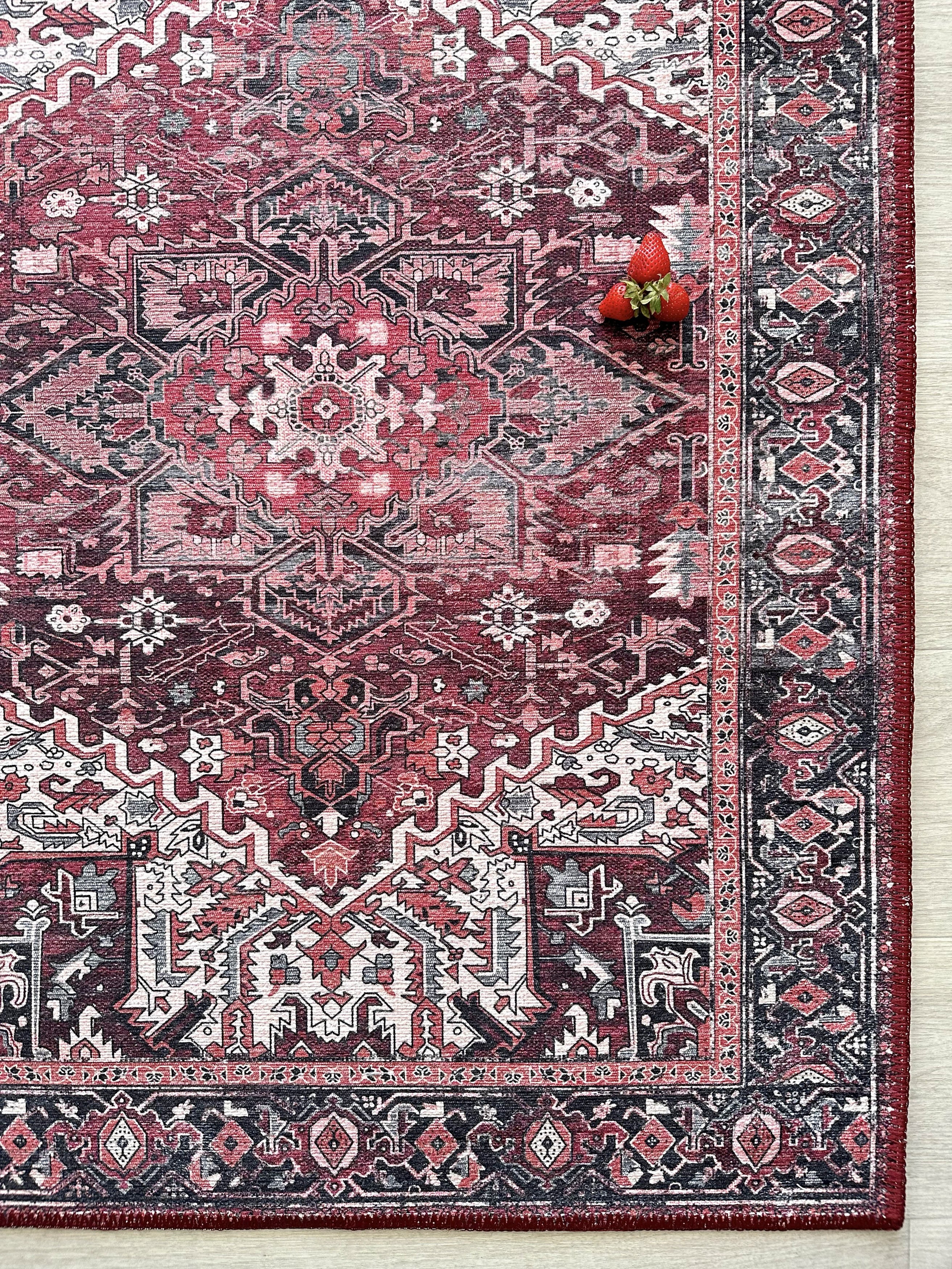Avla Burgundy Red Floral Heriz Persian Rug