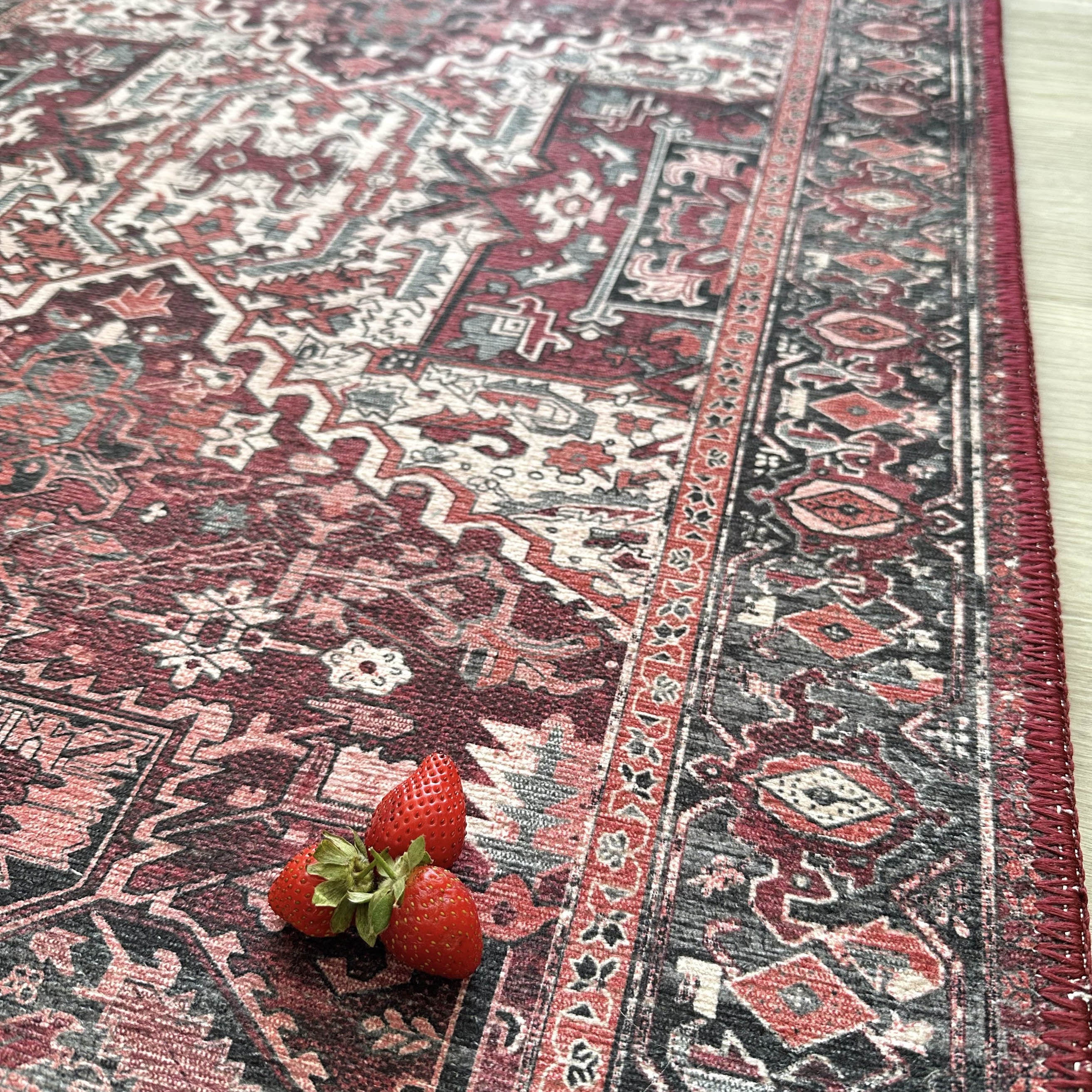 Avla Burgundy Red Floral Heriz Persian Rug