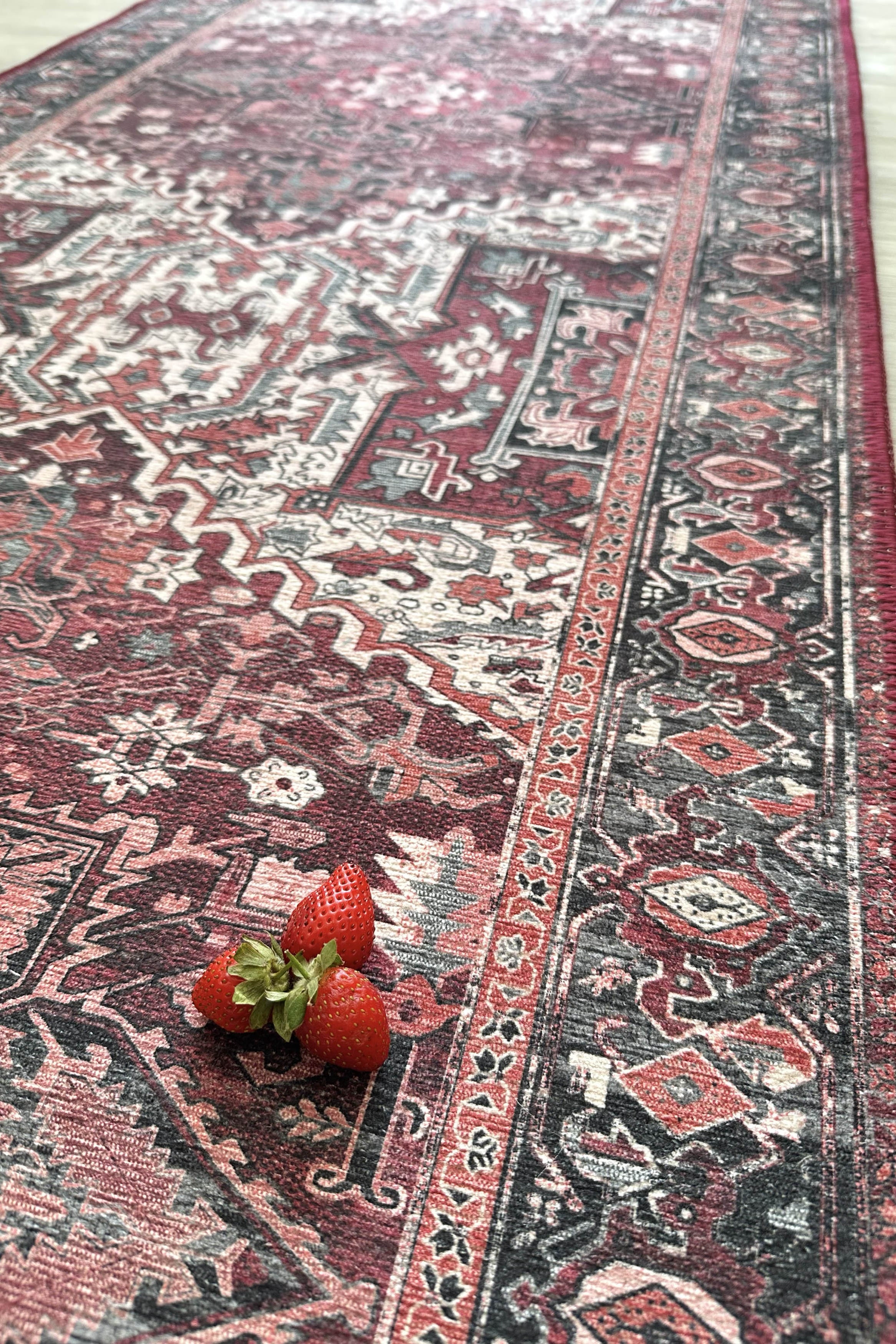 Avla Burgundy Red Floral Heriz Persian Rug