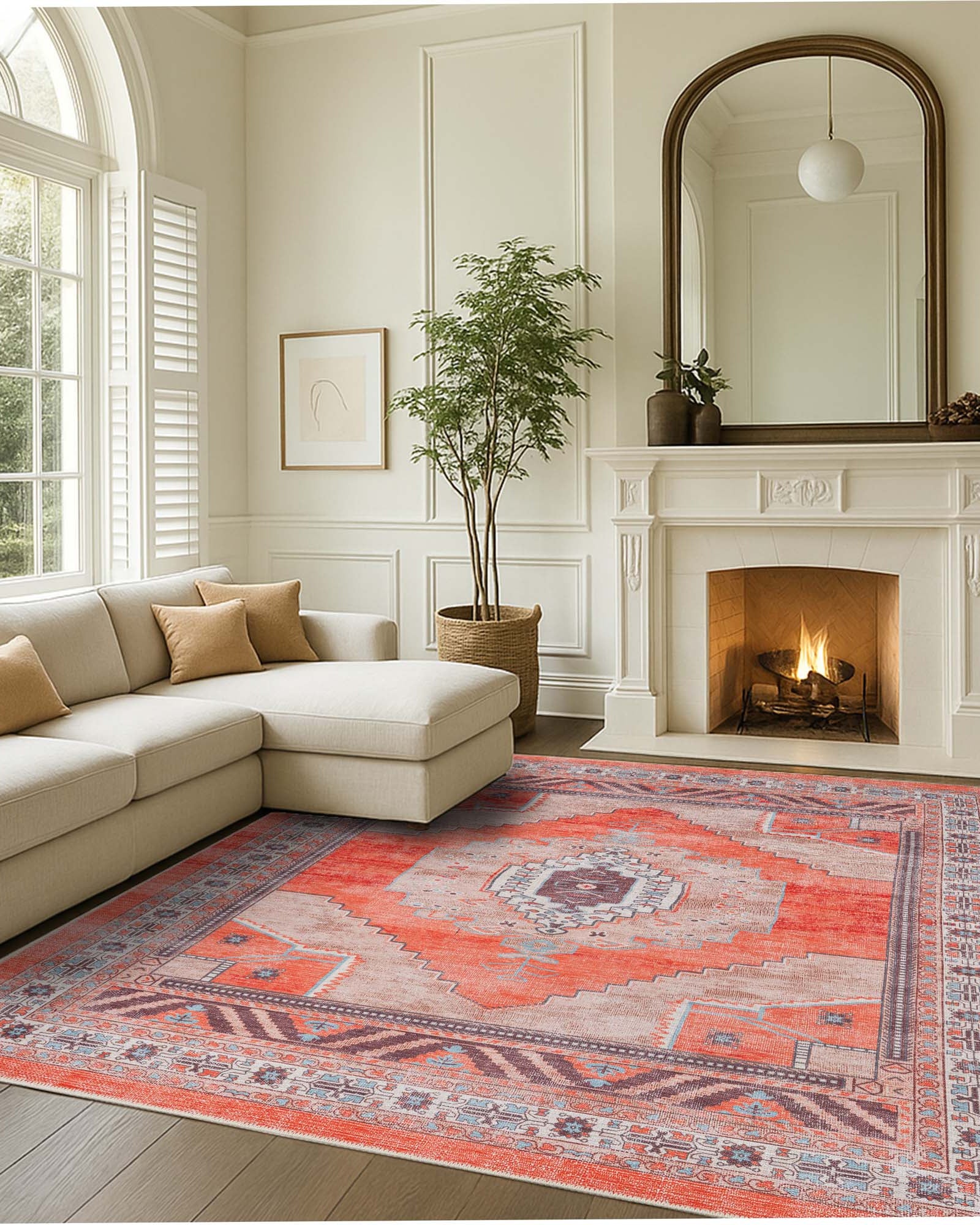 Christelle Warm Orange Beige Turkish Vintage Rug