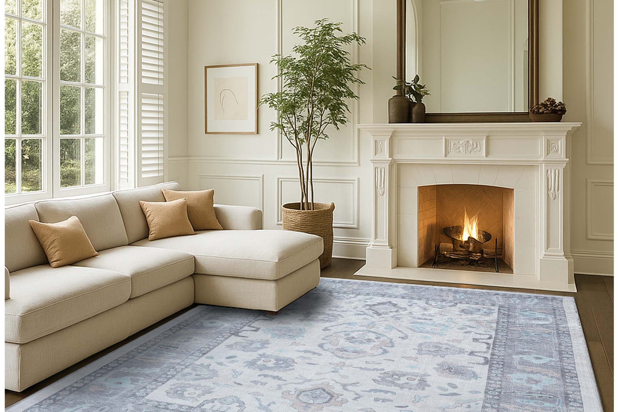 Delphine Gray, Beige & Ivory Modern Oushak Rug