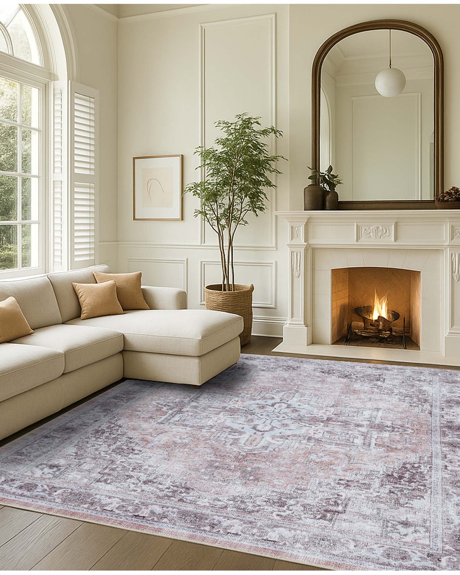 Doria Distressed Persian Heriz Muted Brown Beige Rug