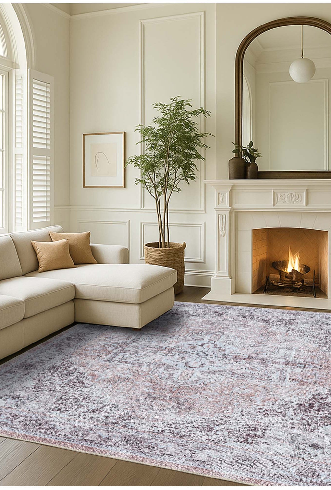 Doria Distressed Persian Heriz Muted Brown Beige Rug