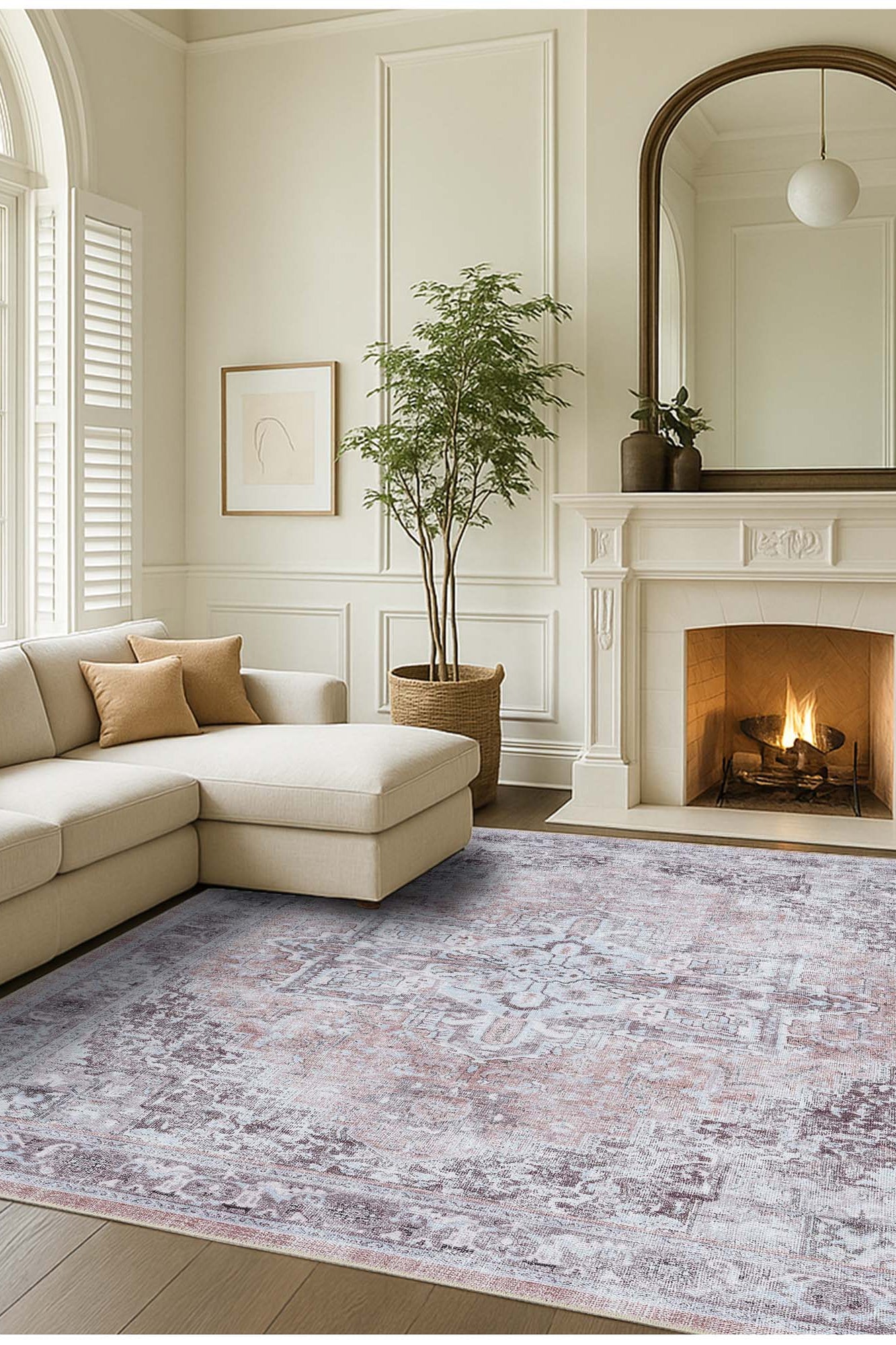 Doria Distressed Persian Heriz Muted Brown Beige Rug