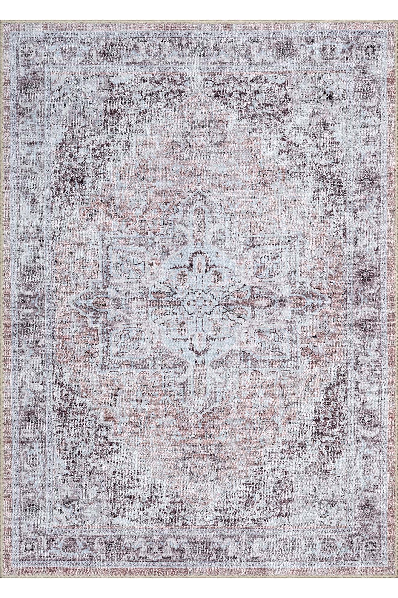 Doria Distressed Persian Heriz Muted Brown Beige Rug