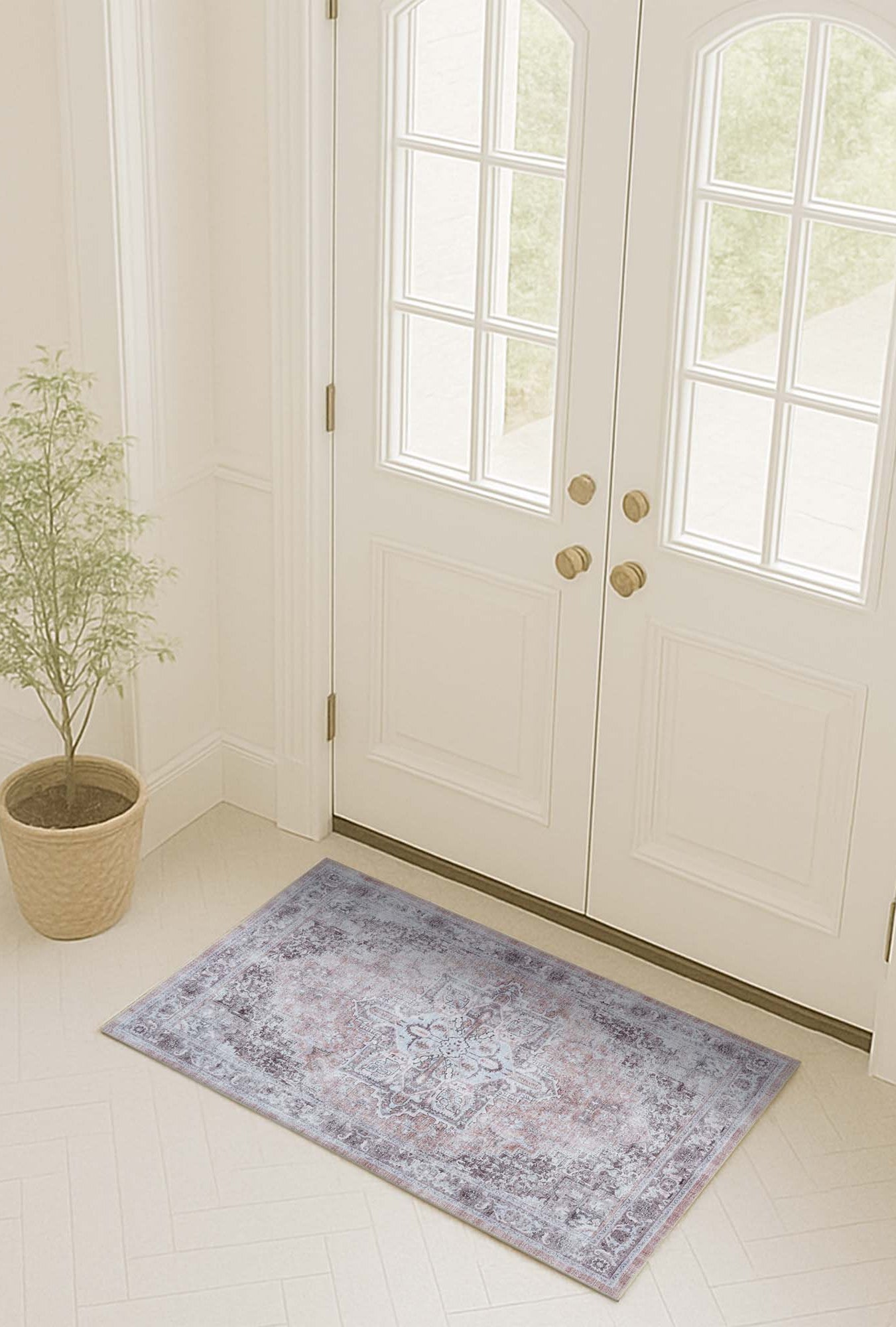 Doria Distressed Persian Heriz Muted Brown Beige Rug