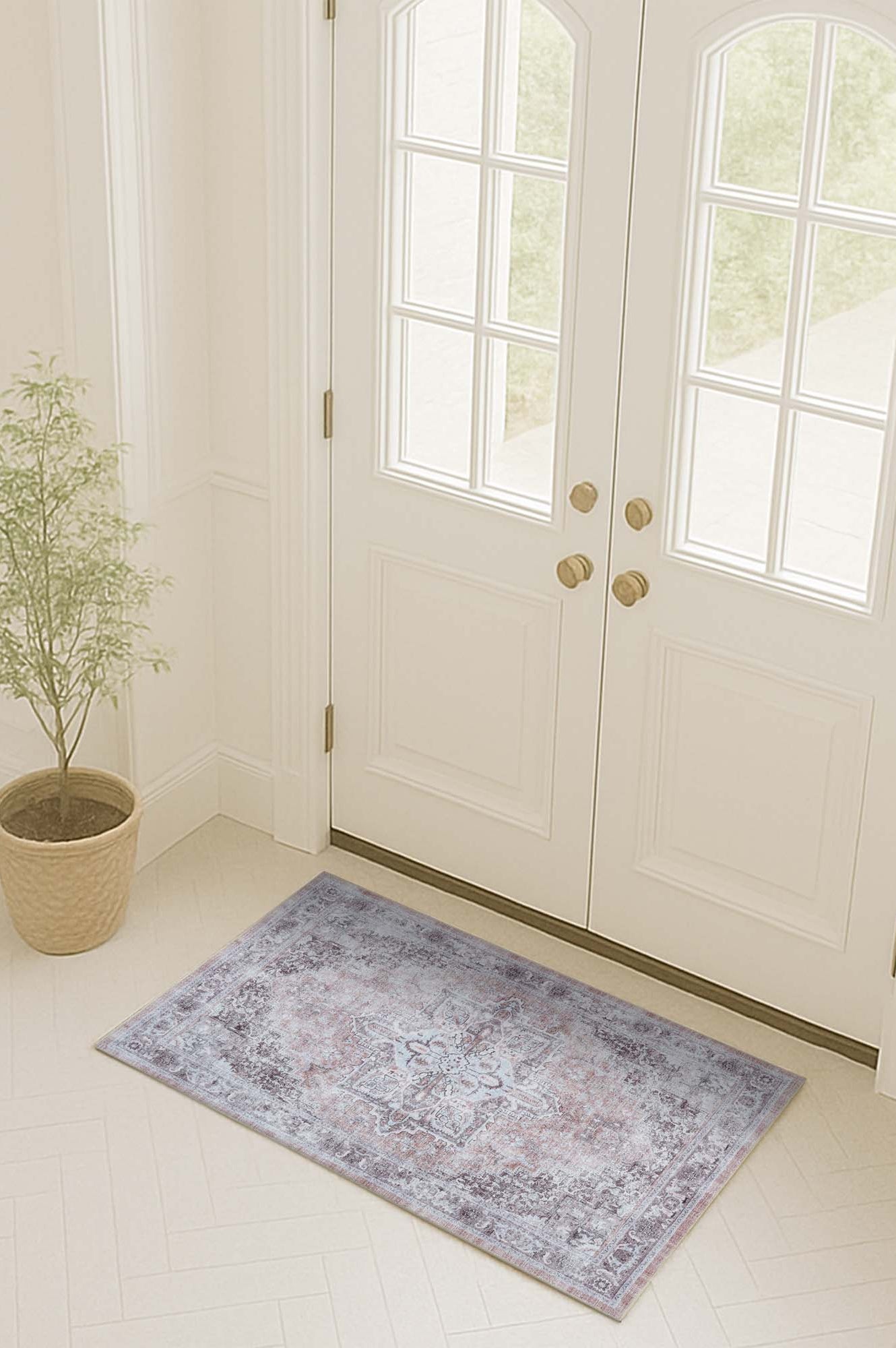 Doria Distressed Persian Heriz Muted Brown Beige Rug