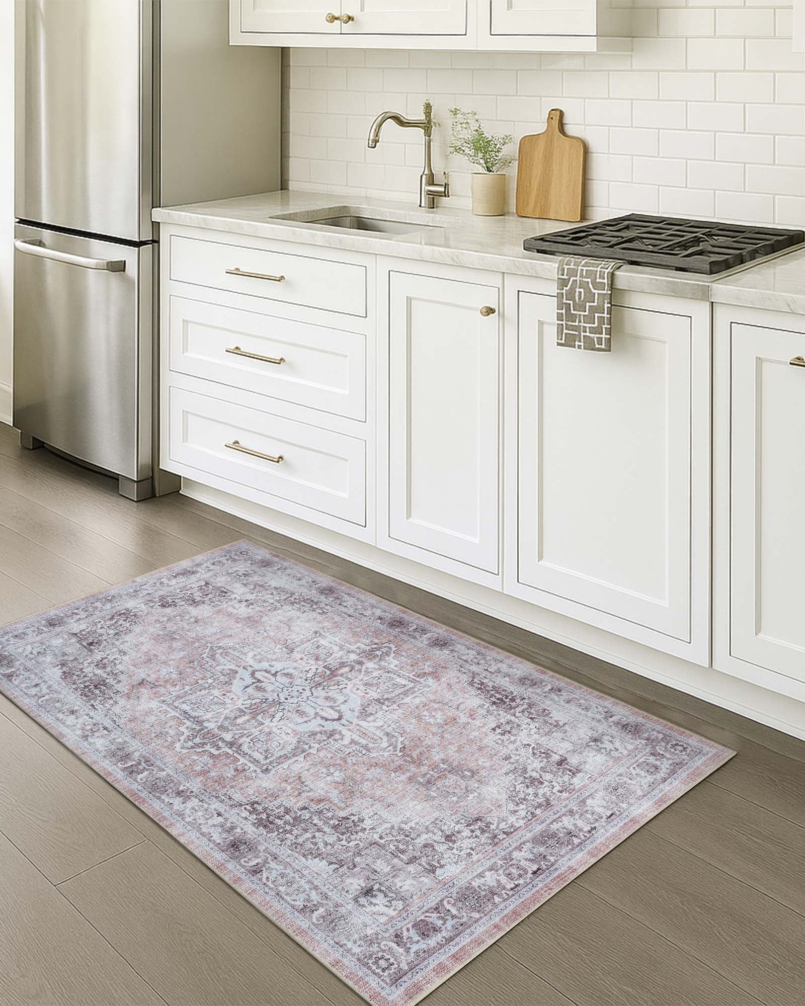 Doria Distressed Persian Heriz Muted Brown Beige Rug