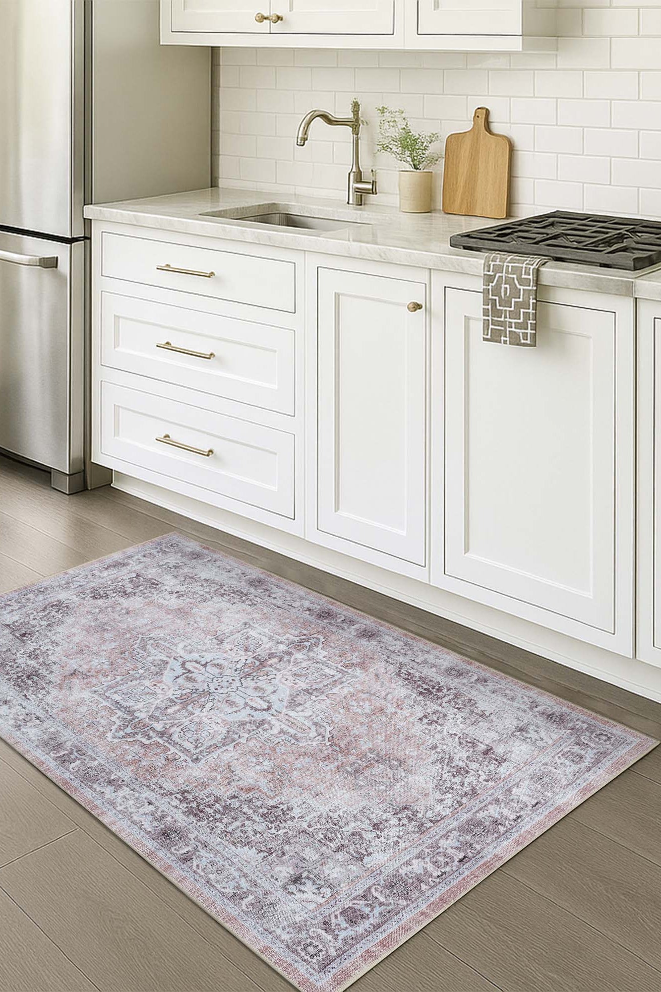 Doria Distressed Persian Heriz Muted Brown Beige Rug