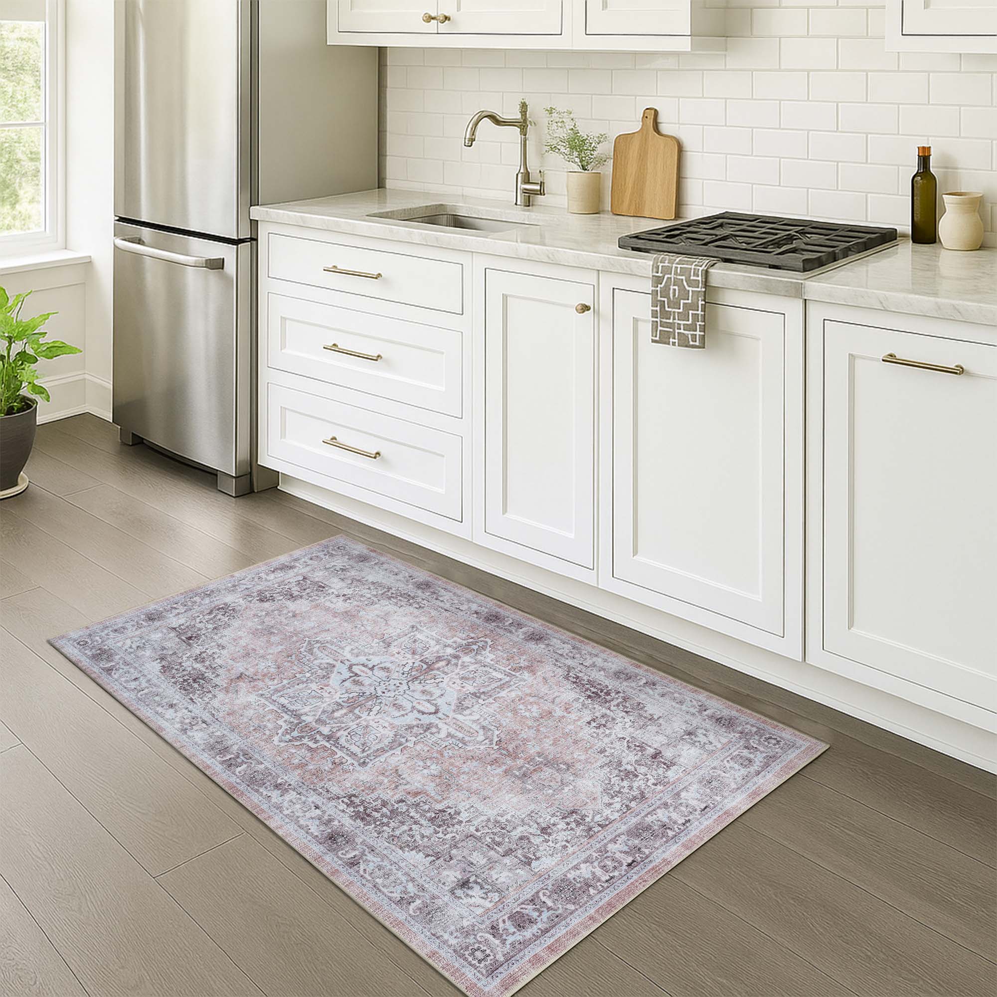 Doria Distressed Persian Heriz Muted Brown Beige Rug