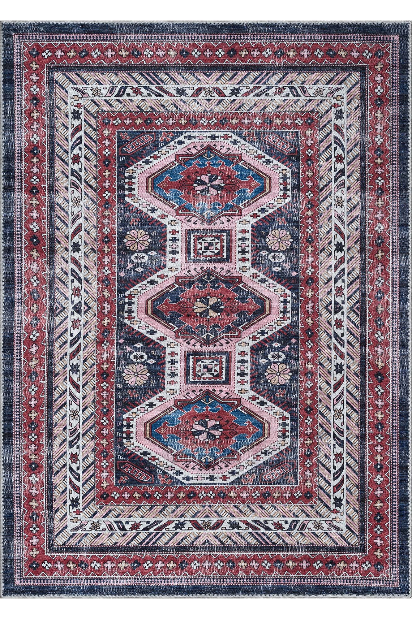 Kazak Vintage Blue Rust Oriental Rug