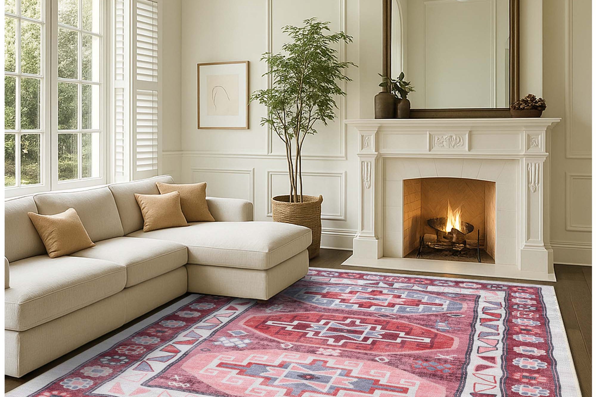 Aura Red Orange Herki Vintage Oushak Rug