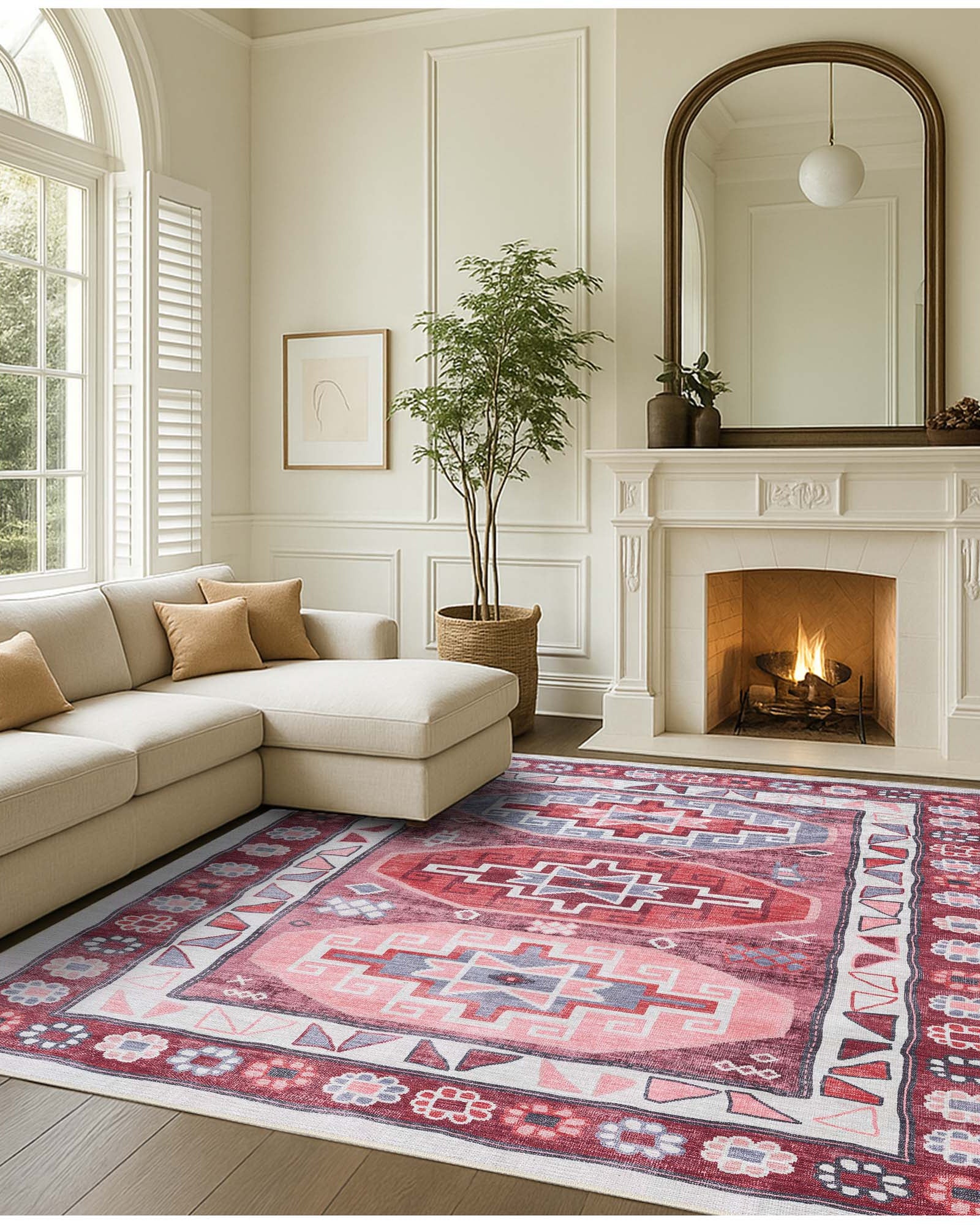 Aura Red Orange Herki Vintage Oushak Rug