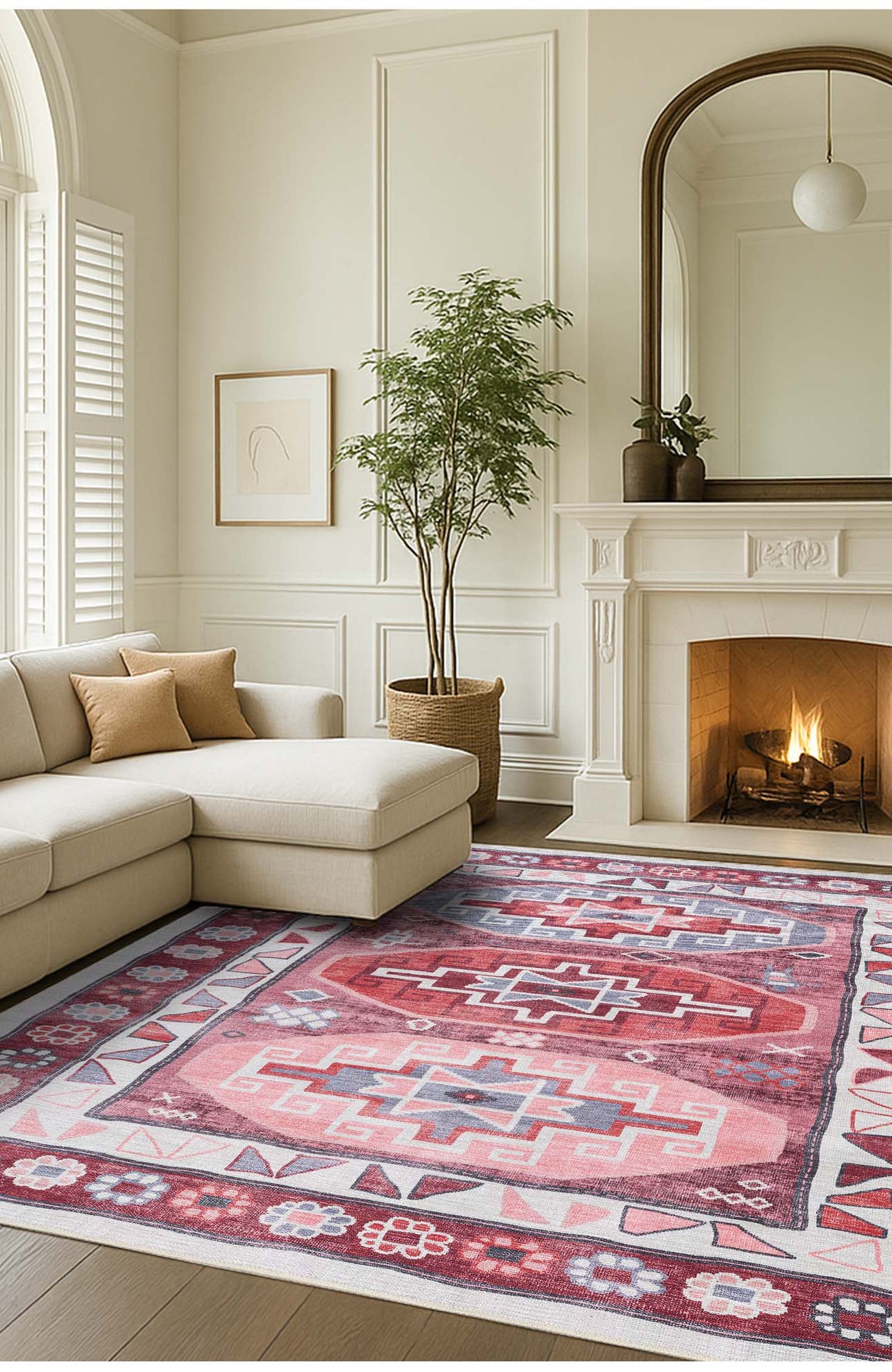 Aura Red Orange Herki Vintage Oushak Rug