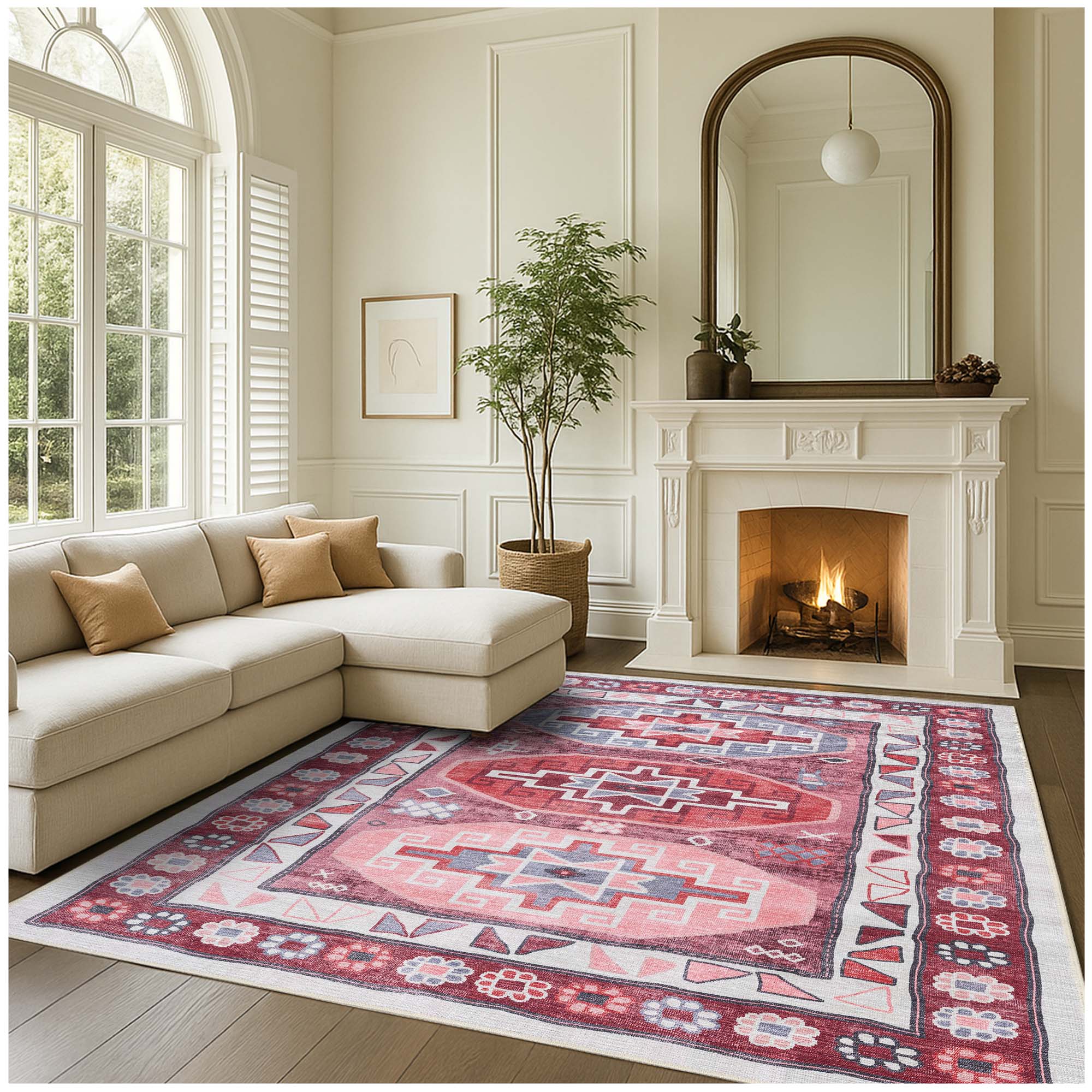 Aura Red Orange Herki Vintage Oushak Rug
