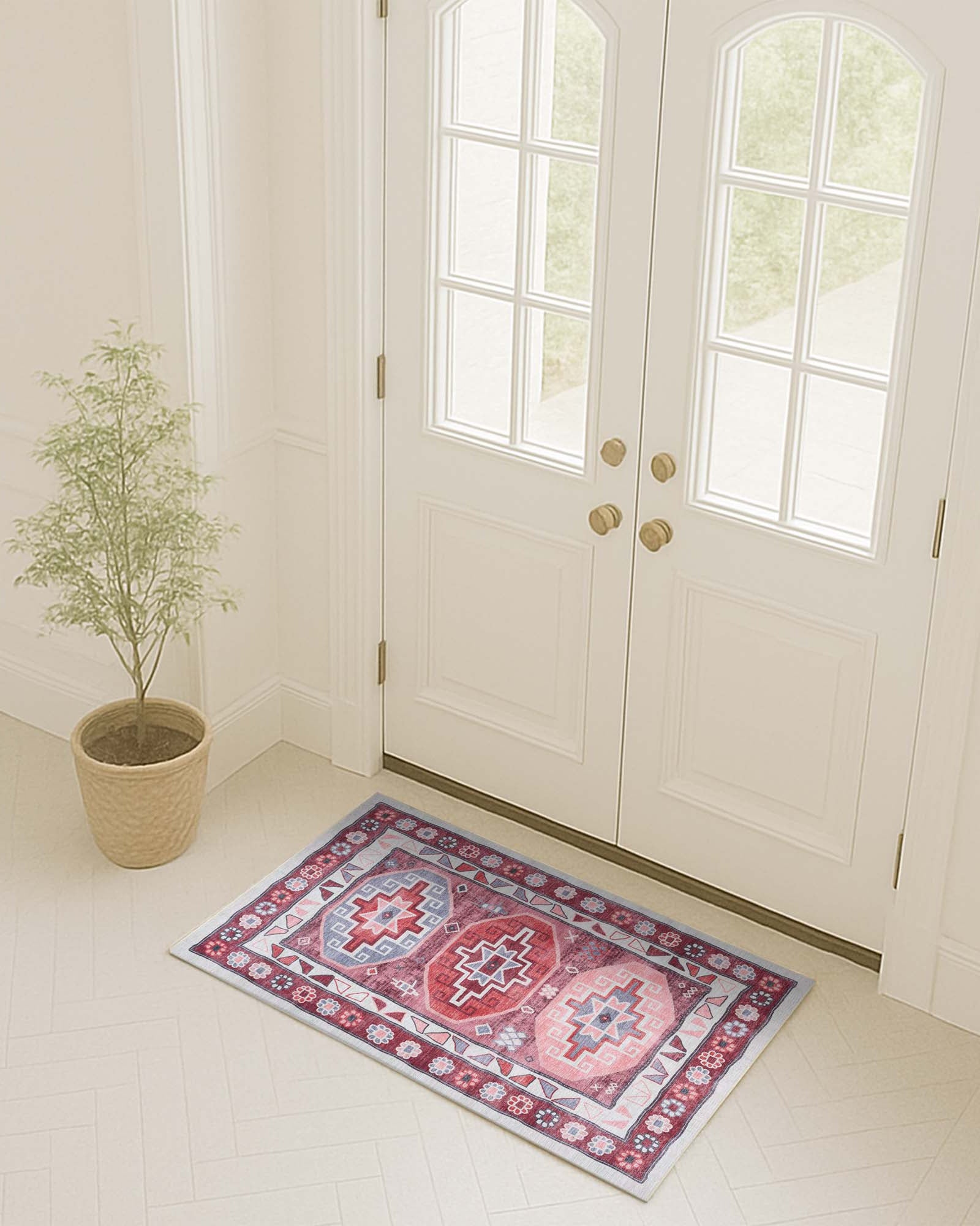 Aura Red Orange Herki Vintage Oushak Rug