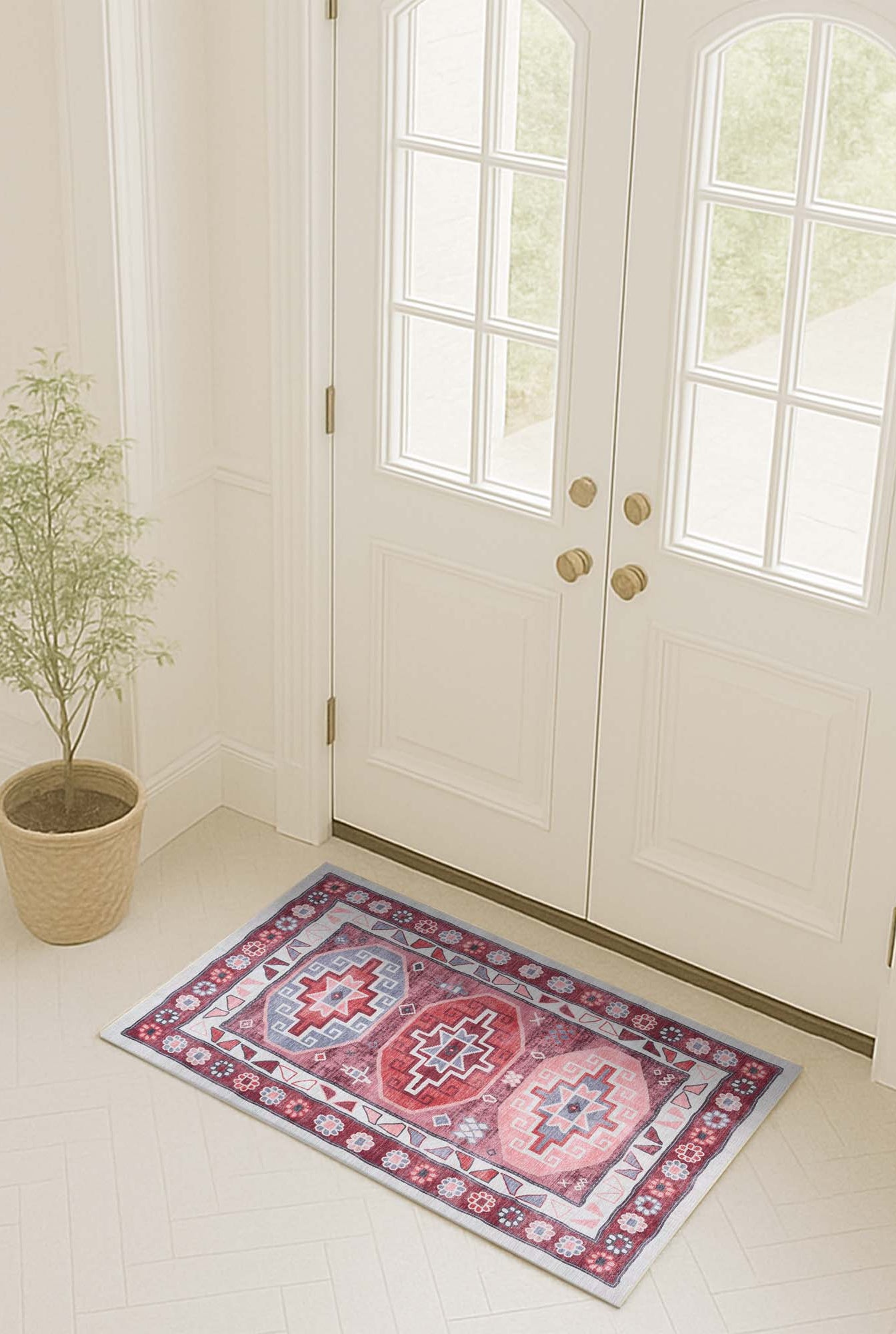 Aura Red Orange Herki Vintage Oushak Rug