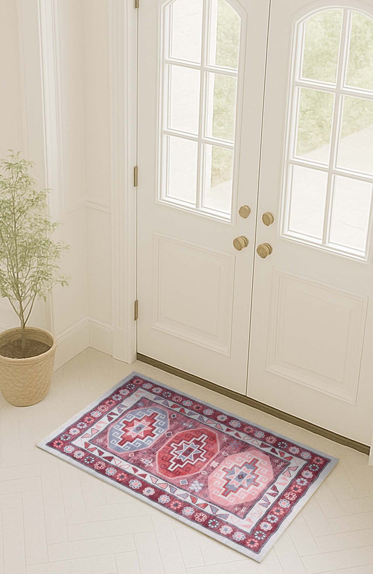 Aura Red Orange Herki Vintage Oushak Rug