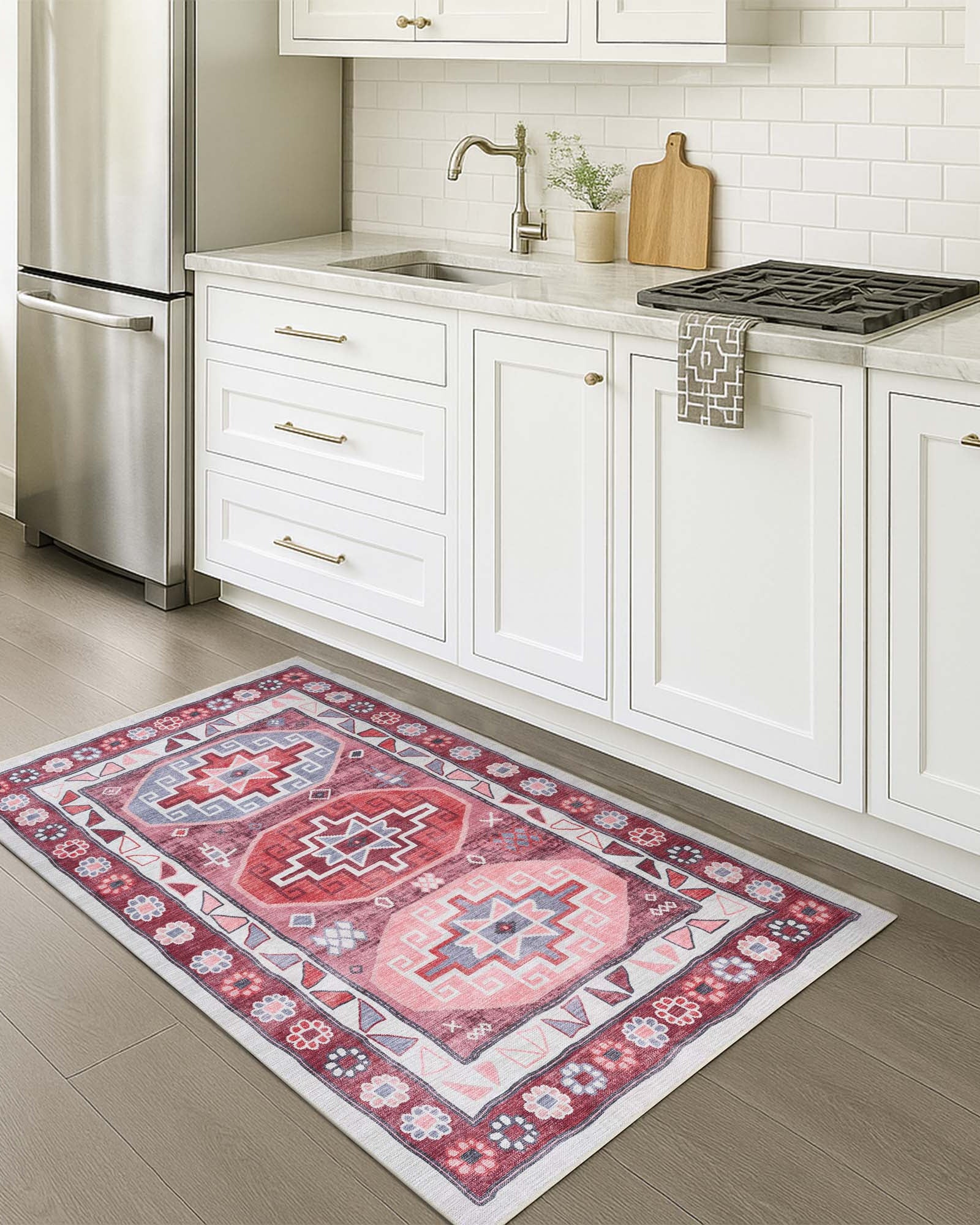 Aura Red Orange Herki Vintage Oushak Rug