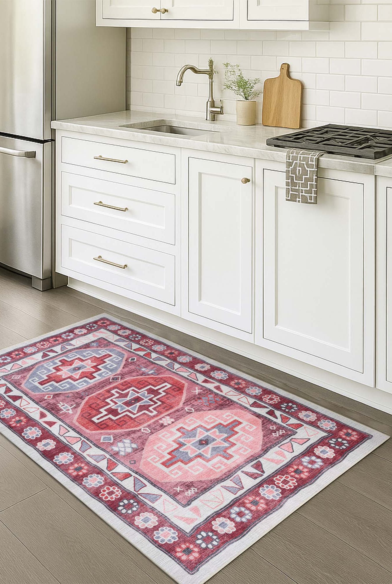 Aura Red Orange Herki Vintage Oushak Rug