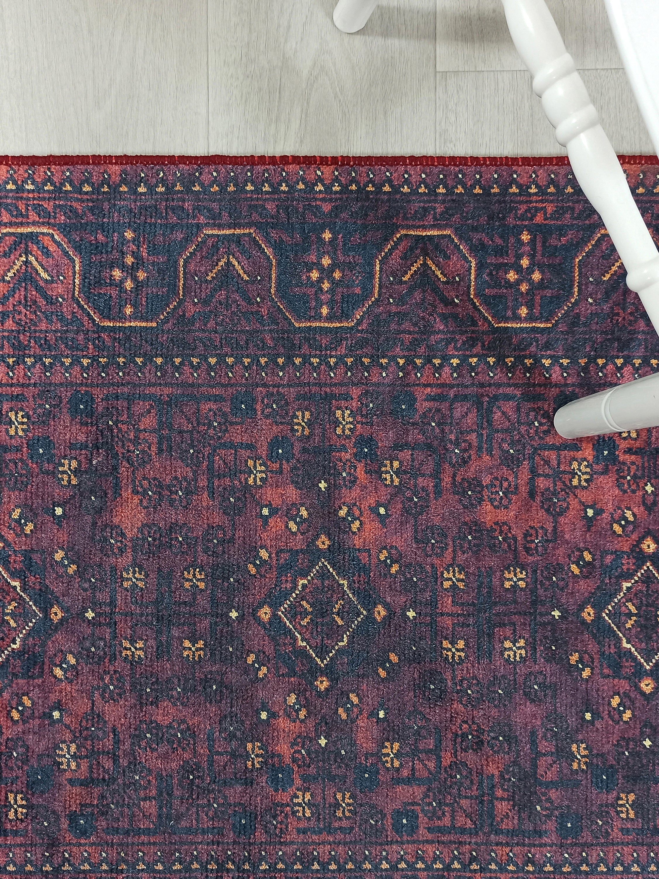Turkish Oushak Traditional Mid-century Red Navy Blue Rug